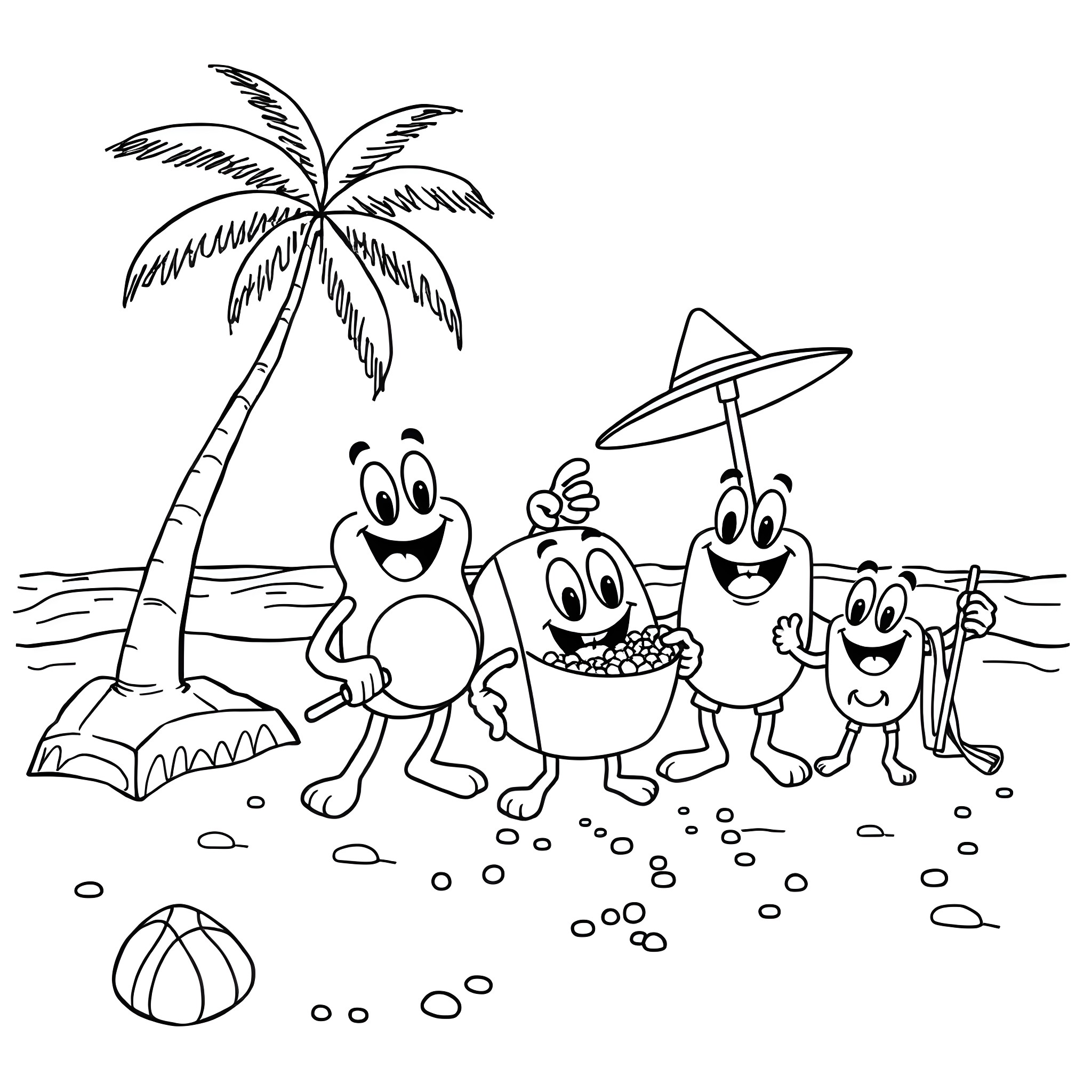 Cereal Mascots Frolicking on the Beach Coloring Page (free black-and-white line drawing printable PDF for all, from beginners to advanced learners, including children, teens, adults, and seniors)