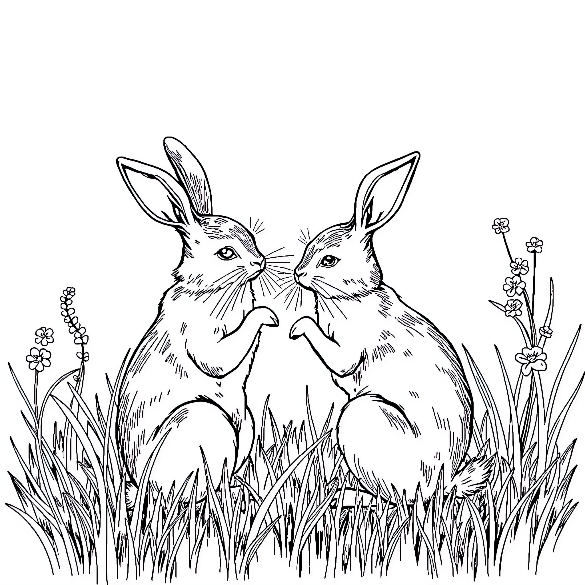 Rabbit friends enjoying the meadow Coloring Page (free black-and-white line drawing printable PDF for all, from beginners to advanced learners, including children, teens, adults, and seniors)