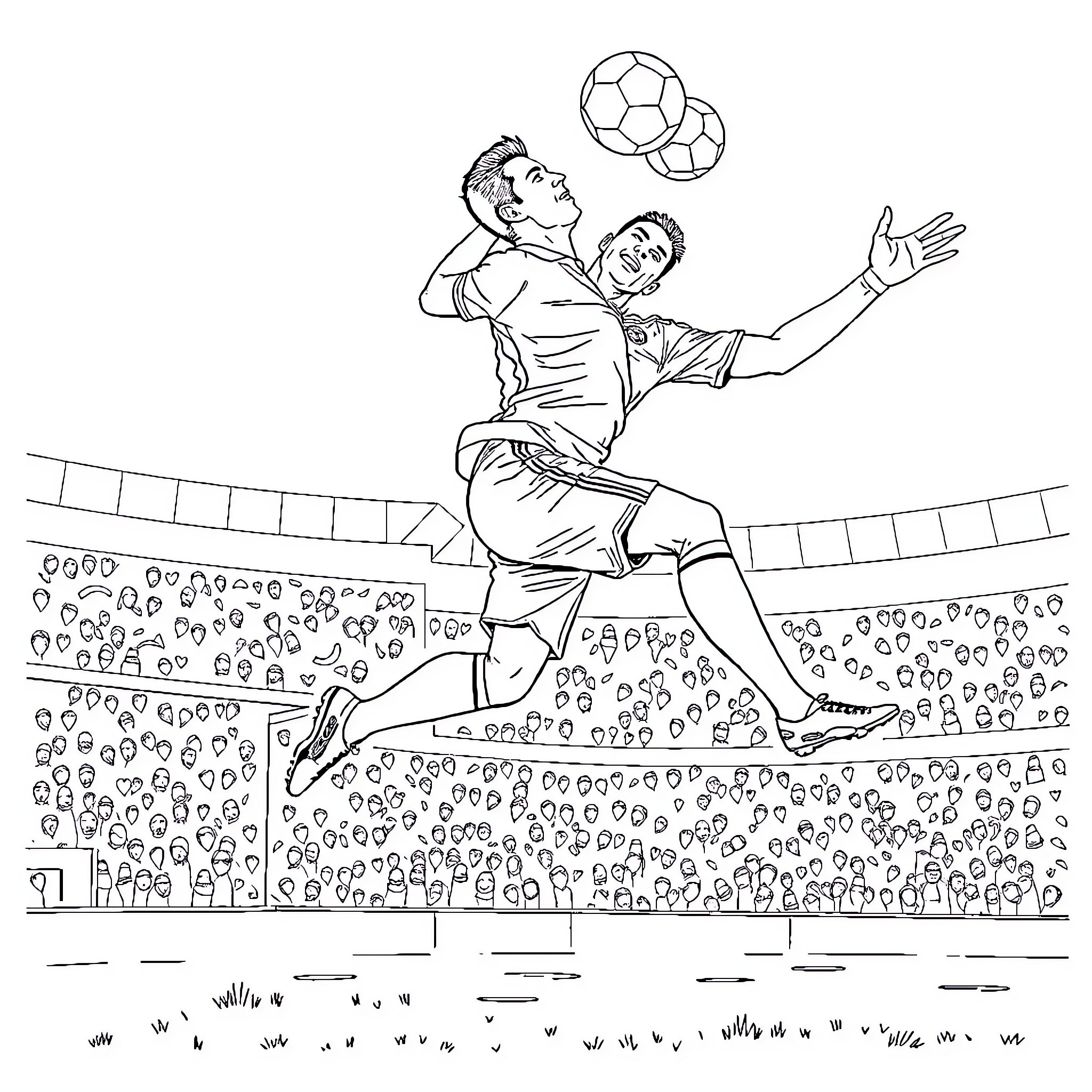 Cristiano Ronaldo Acrobatically Heading Soccer Ball in Stadium Coloring Page (free black-and-white line drawing printable PDF for all, from beginners to advanced learners, including children, teens, adults, and seniors)