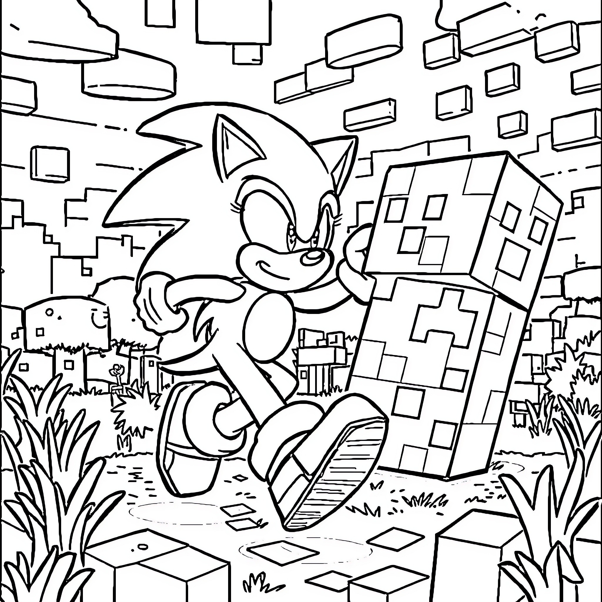 Sonic running through a surreal landscape Coloring Page (free black-and-white line drawing printable PDF for all, from beginners to advanced learners, including children, teens, adults, and seniors)