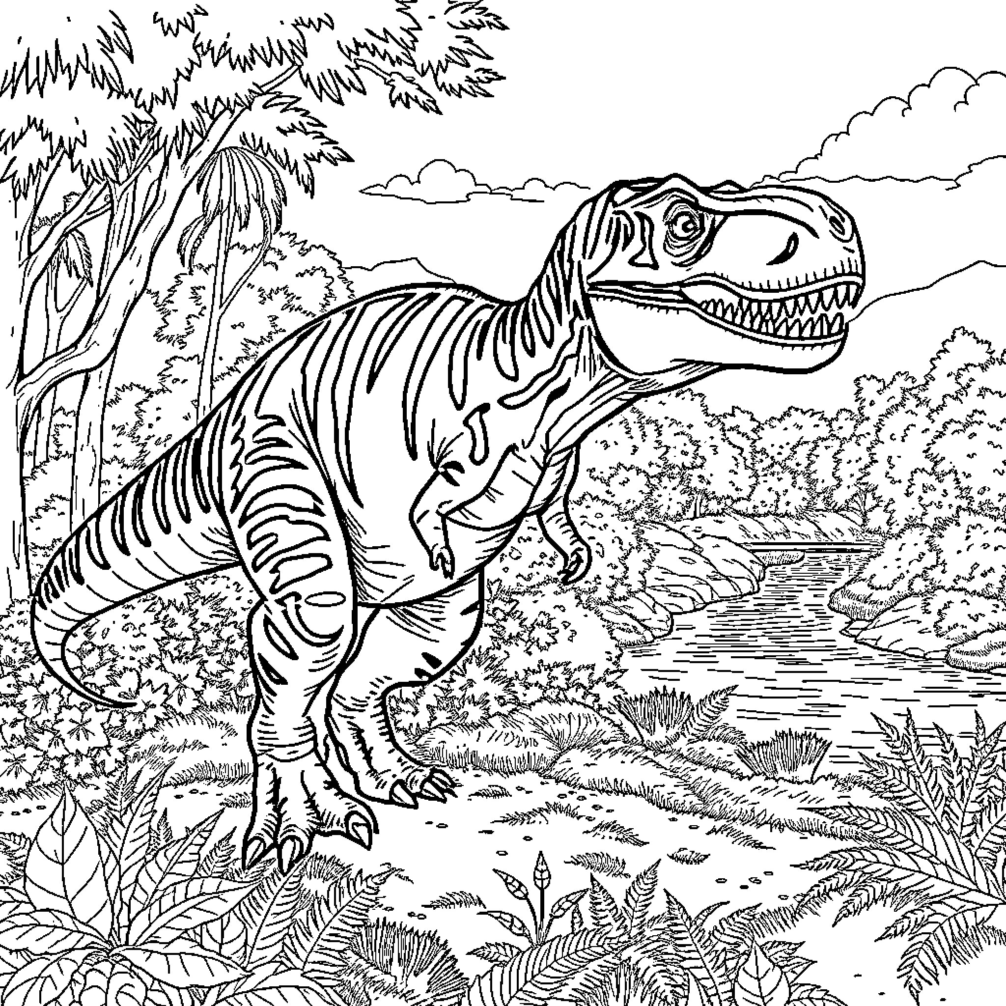 T-Rex roaring in a prehistoric jungle Coloring Page (free black-and-white line drawing printable PDF for all, from beginners to advanced learners, including children, teens, adults, and seniors)