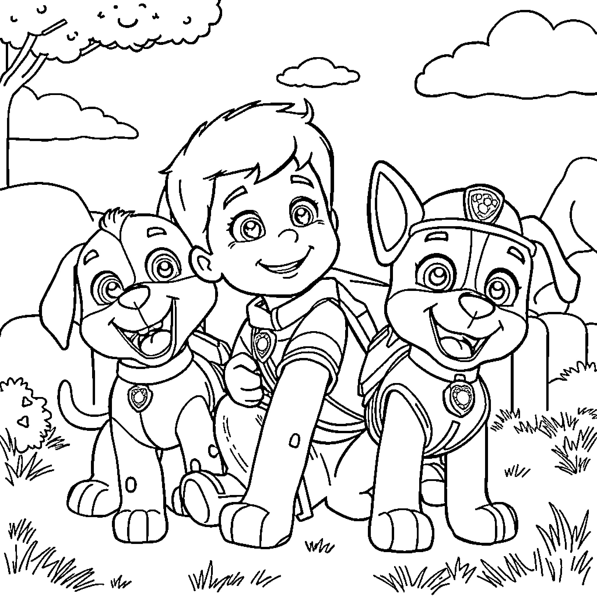 Boy playing with puppies in the outdoors Coloring Page (free black-and-white line drawing printable PDF for all, from beginners to advanced learners, including children, teens, adults, and seniors)
