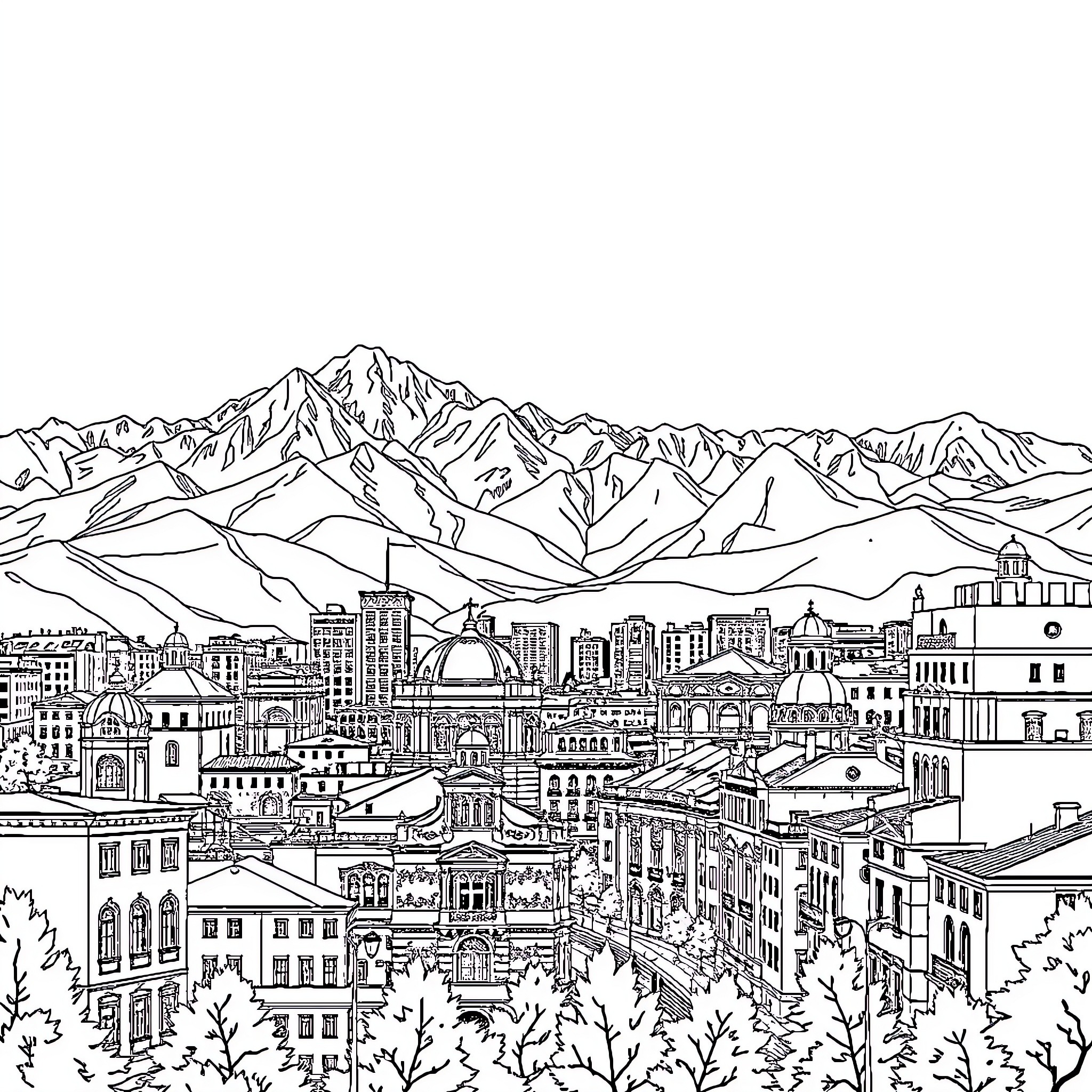 Ciudad de la Paz: Vibrant cityscape with majestic mountain backdrop Coloring Page (free black-and-white line drawing printable PDF for all, from beginners to advanced learners, including children, teens, adults, and seniors)