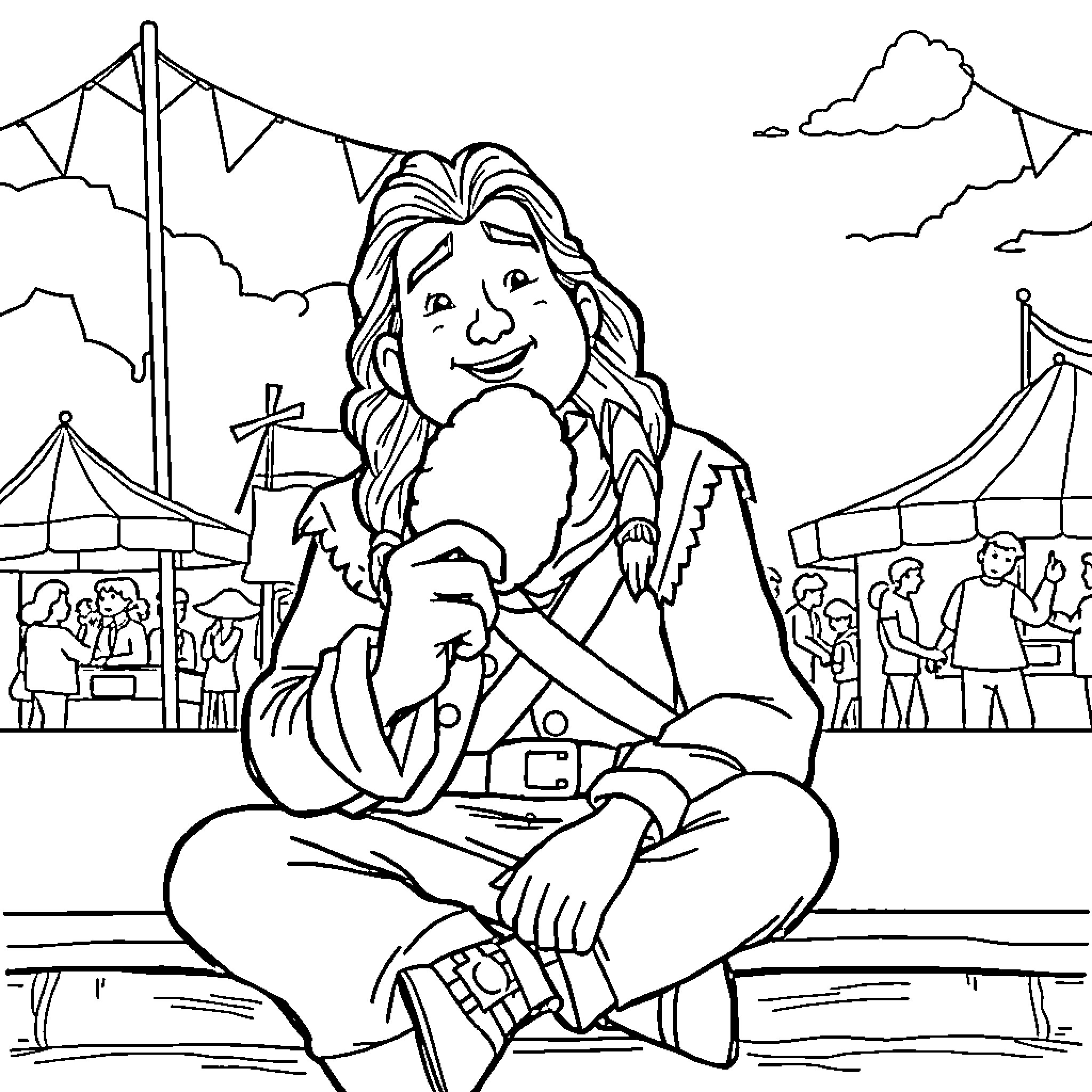 Daniel Boone Enjoying the Carnival Festivities Coloring Page (free black-and-white line drawing printable PDF for all, from beginners to advanced learners, including children, teens, adults, and seniors)