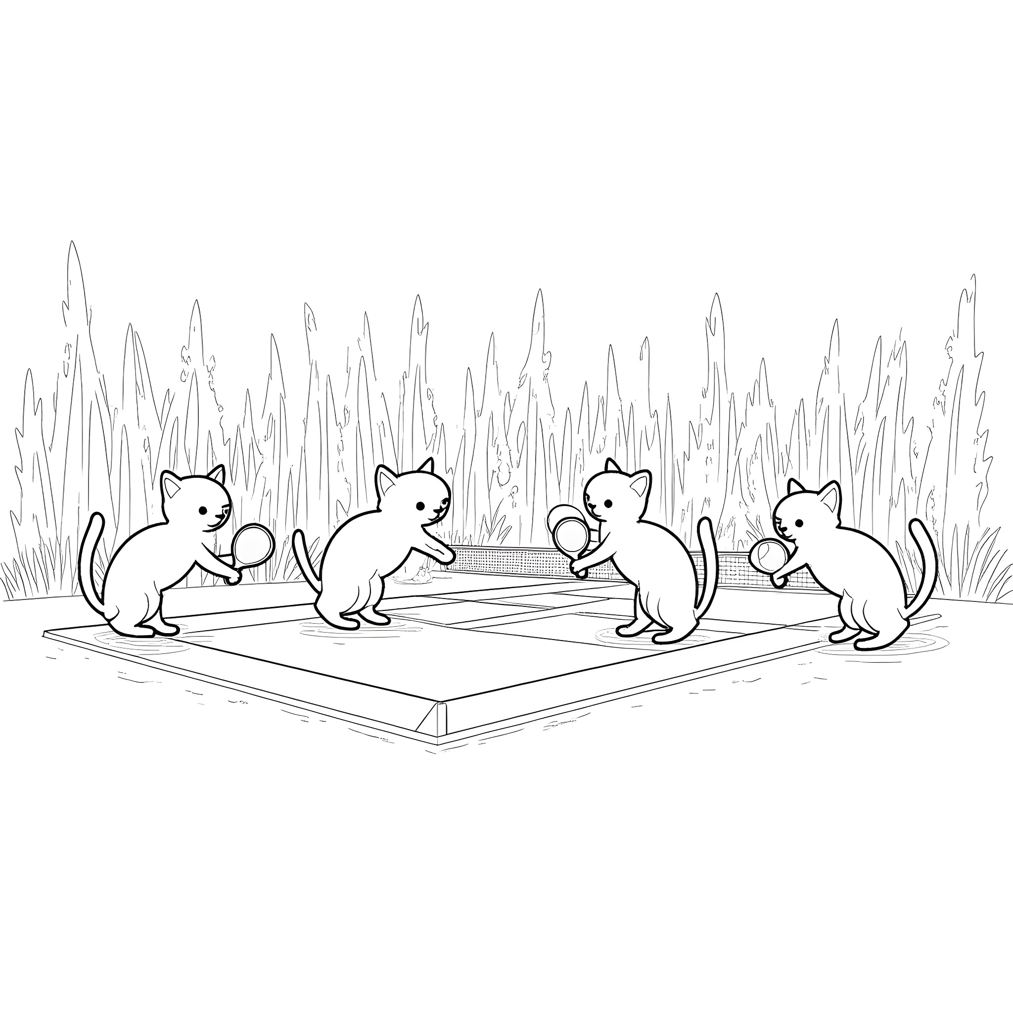 Cats playing on a grid in the grass Coloring Page (free black-and-white line drawing printable PDF for all, from beginners to advanced learners, including children, teens, adults, and seniors)