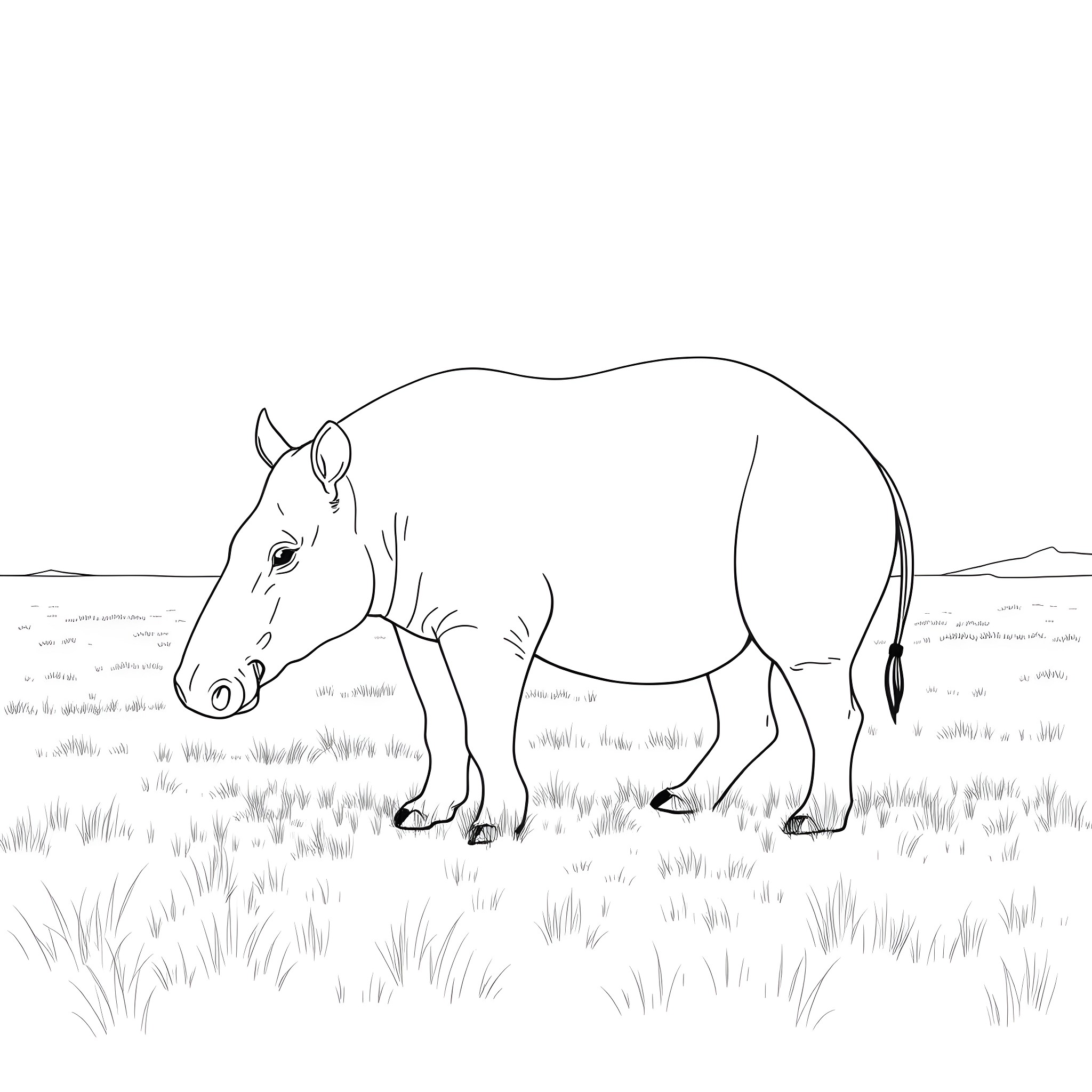 Tapir standing in grassy field Coloring Page (free black-and-white line drawing printable PDF for all, from beginners to advanced learners, including children, teens, adults, and seniors)