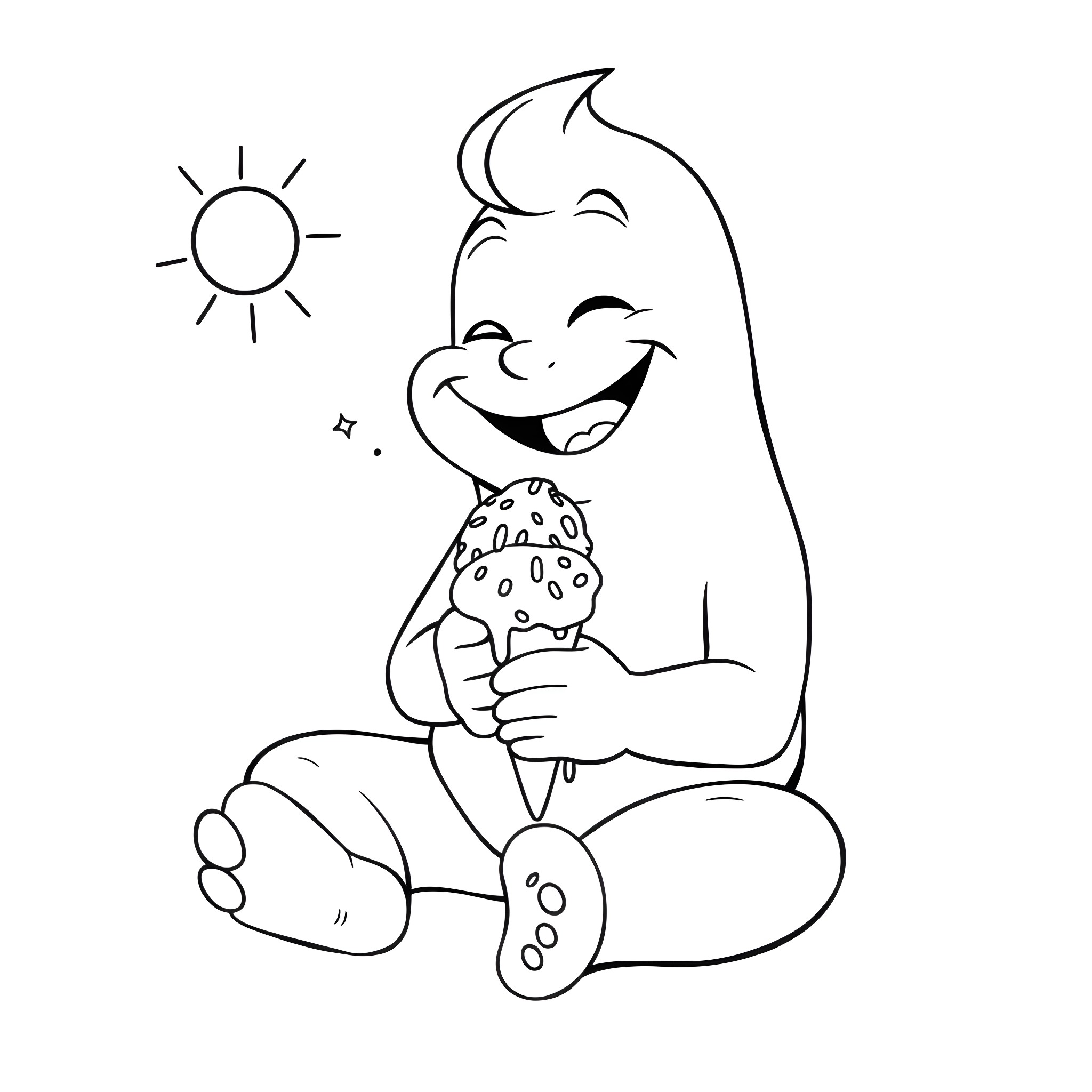 Sans Cartoon Character Enjoying Ice Cream Coloring Page (free black-and-white line drawing printable PDF for all, from beginners to advanced learners, including children, teens, adults, and seniors)
