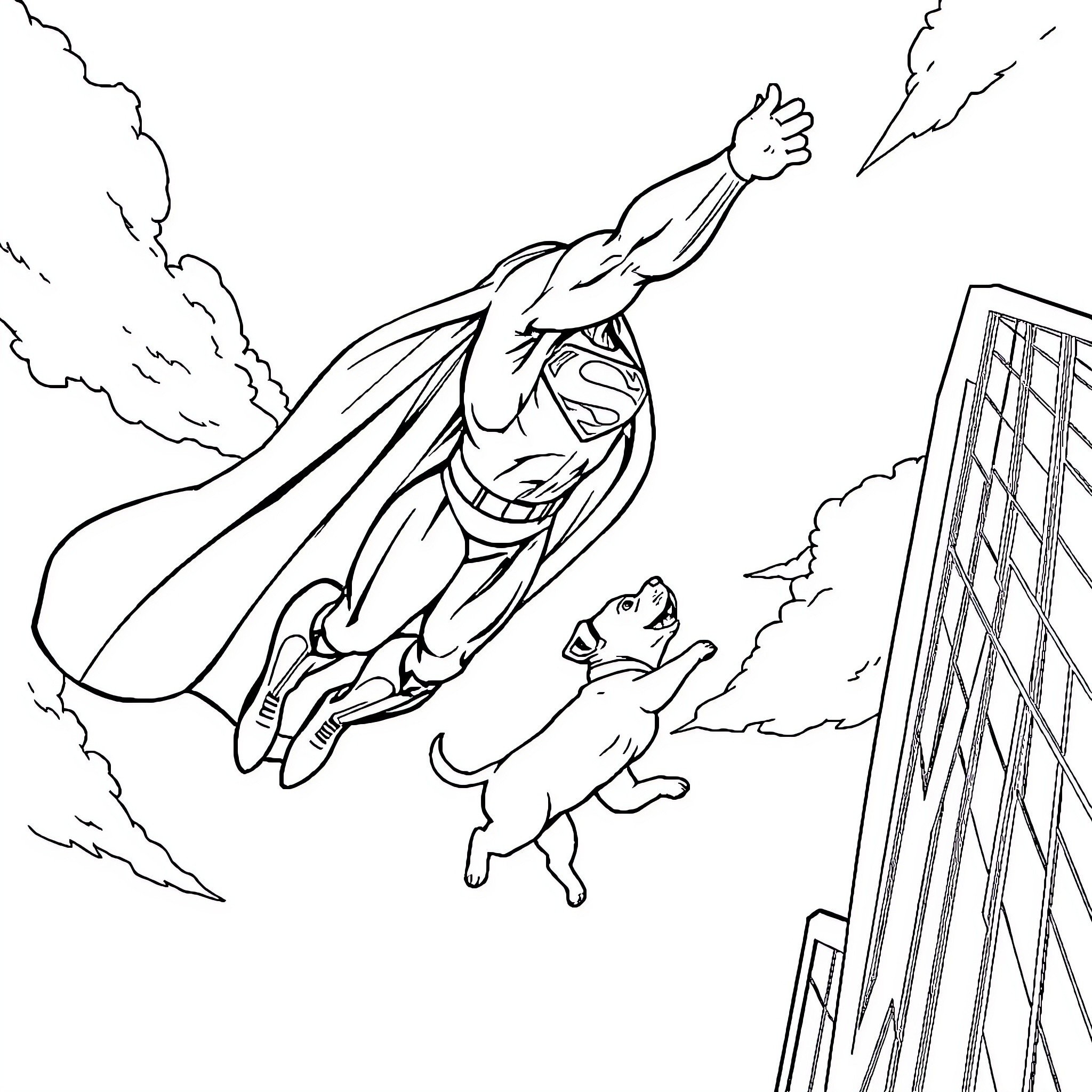 Superman soaring through the sky with sidekick Coloring Page (free black-and-white line drawing printable PDF for all, from beginners to advanced learners, including children, teens, adults, and seniors)