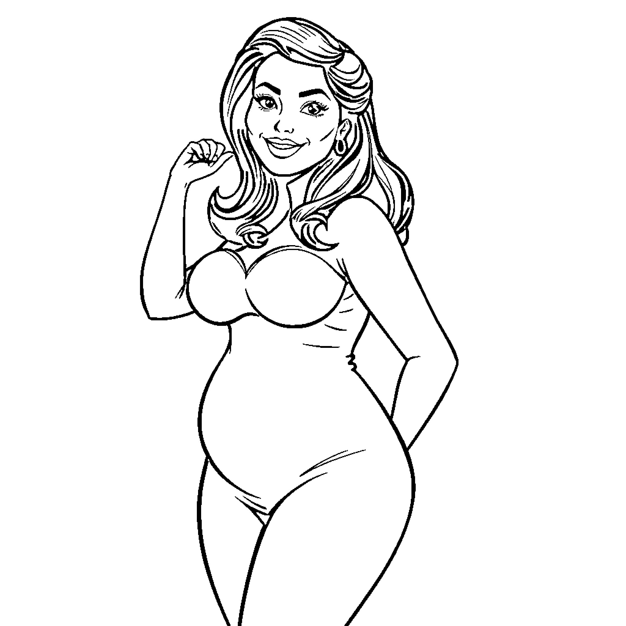 Wife posing confidently in stylish outfit Coloring Page (free black-and-white line drawing printable PDF for all, from beginners to advanced learners, including children, teens, adults, and seniors)