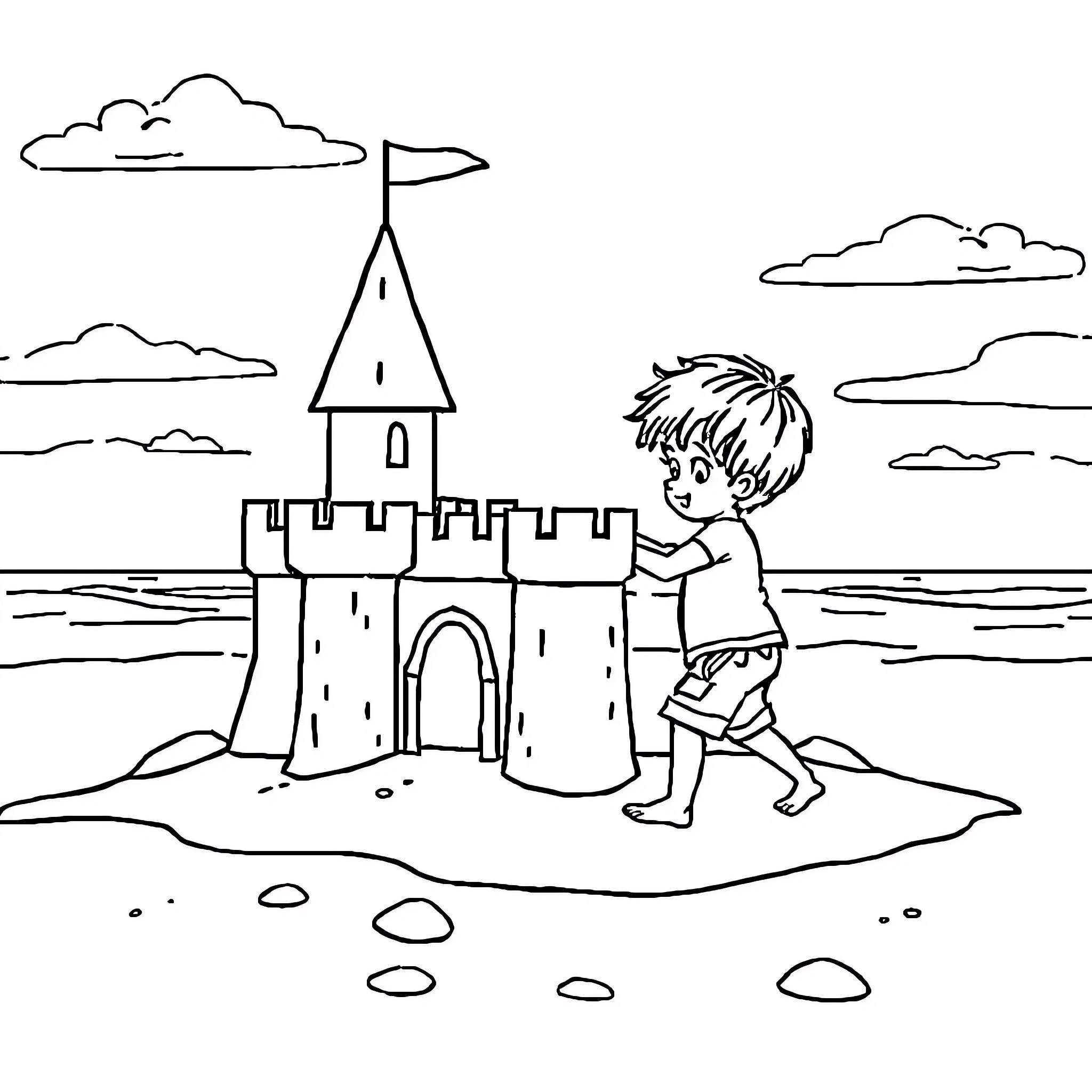 Child building a sand castle at the beach Coloring Page (free black-and-white line drawing printable PDF for all, from beginners to advanced learners, including children, teens, adults, and seniors)
