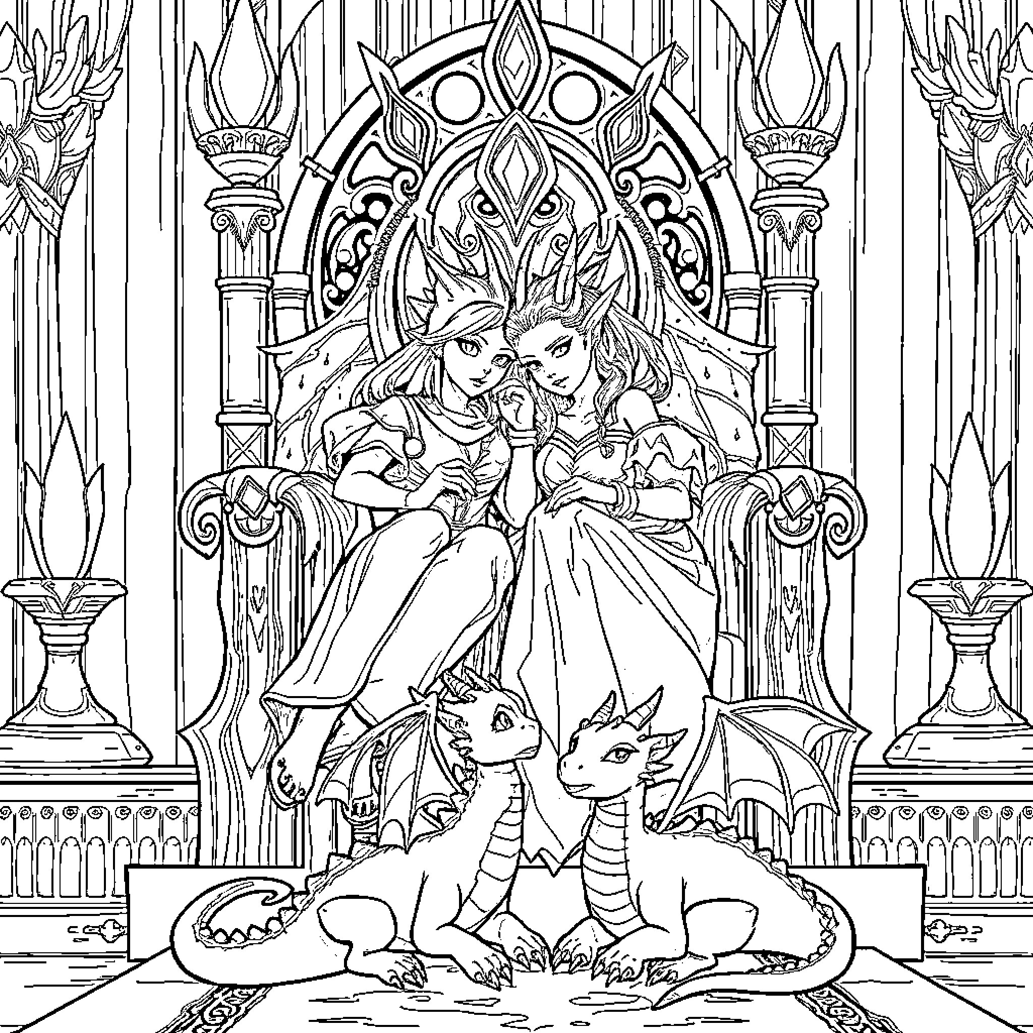 Sera's Enchanting Fairy Tale Adventure Coloring Page (free black-and-white line drawing printable PDF for all, from beginners to advanced learners, including children, teens, adults, and seniors)