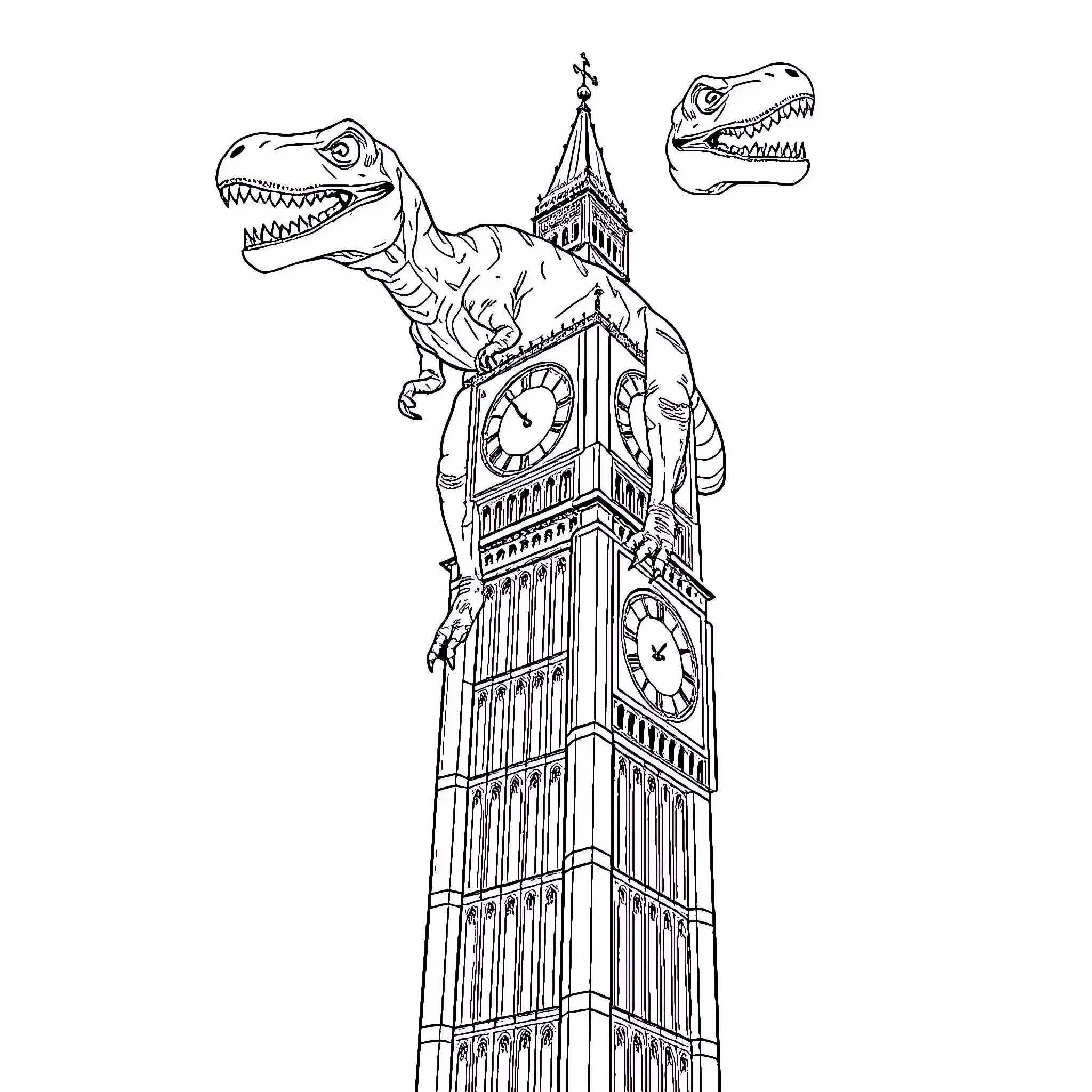 T-Rex Attacking the Big Ben Clock Tower Coloring Page (free black-and-white line drawing printable PDF for all, from beginners to advanced learners, including children, teens, adults, and seniors)