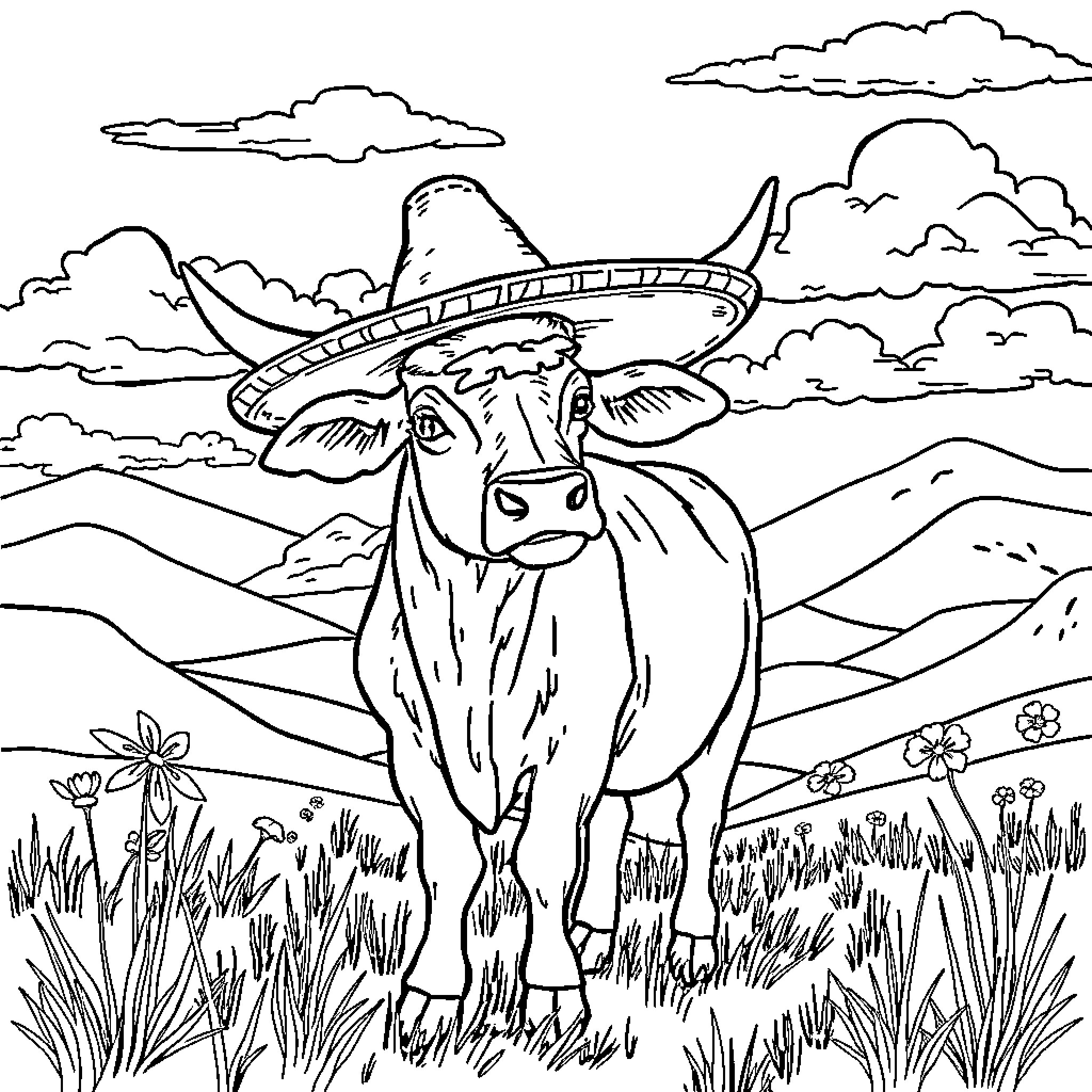 Vaca wearing a sombrero in a tranquil landscape Coloring Page (free black-and-white line drawing printable PDF for all, from beginners to advanced learners, including children, teens, adults, and seniors)
