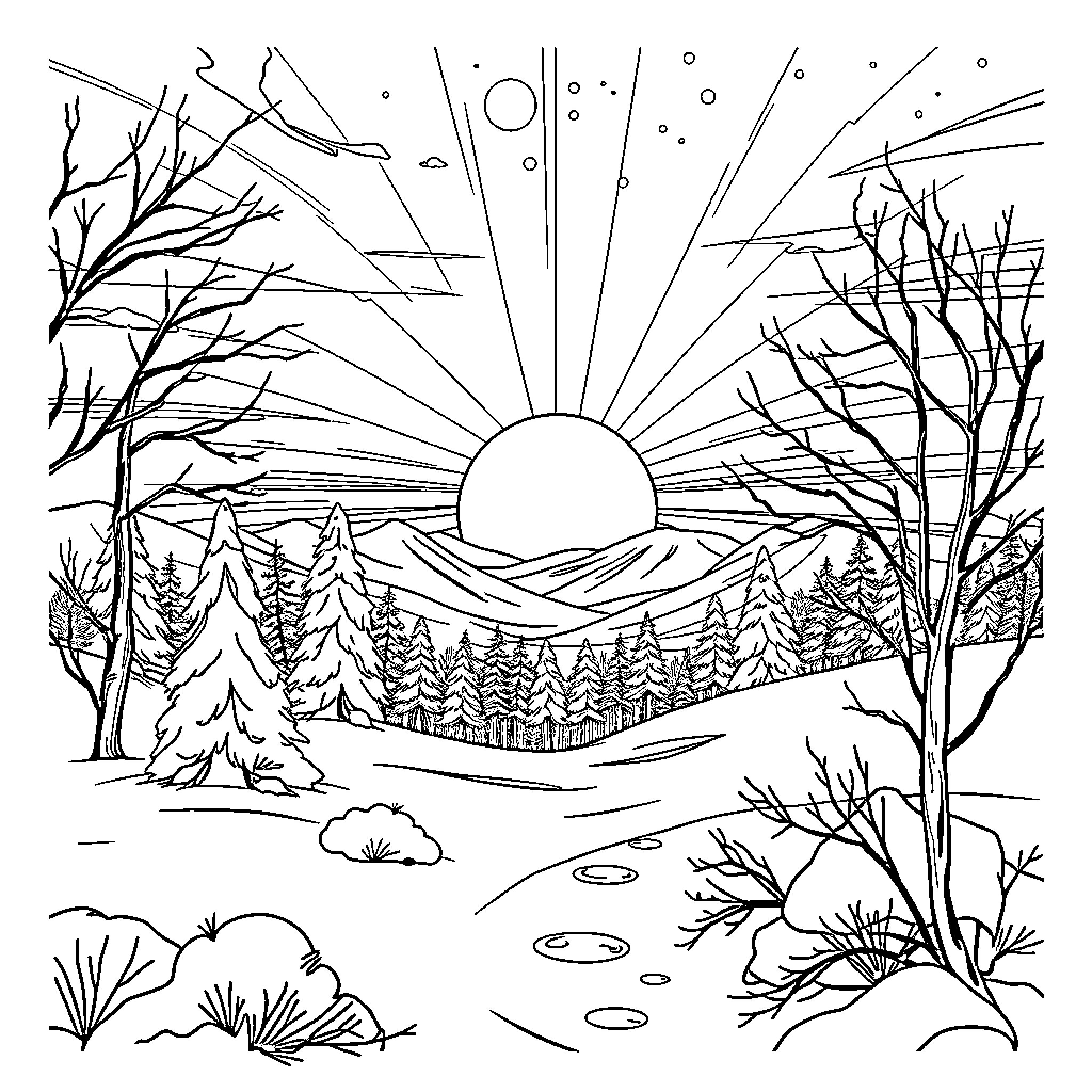 Sunrise over the snowy winter landscape Coloring Page (free black-and-white line drawing printable PDF for all, from beginners to advanced learners, including children, teens, adults, and seniors)