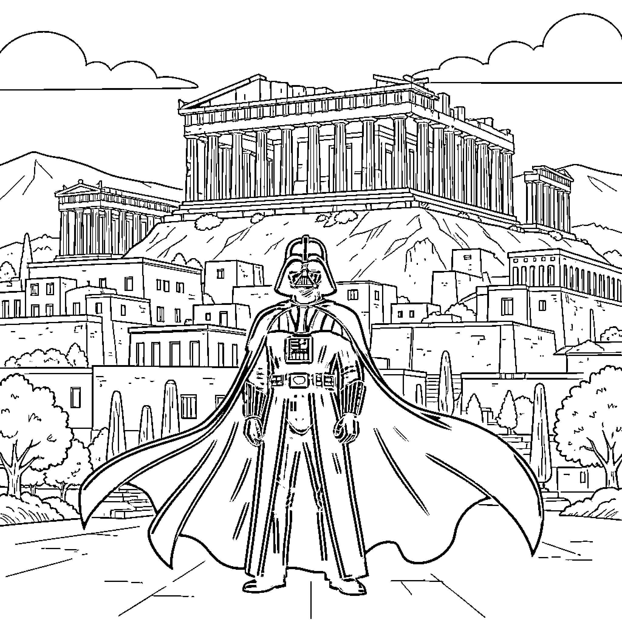 Darth Vader standing majestically in front of ancient ruins Coloring Page (free black-and-white line drawing printable PDF for all, from beginners to advanced learners, including children, teens, adults, and seniors)