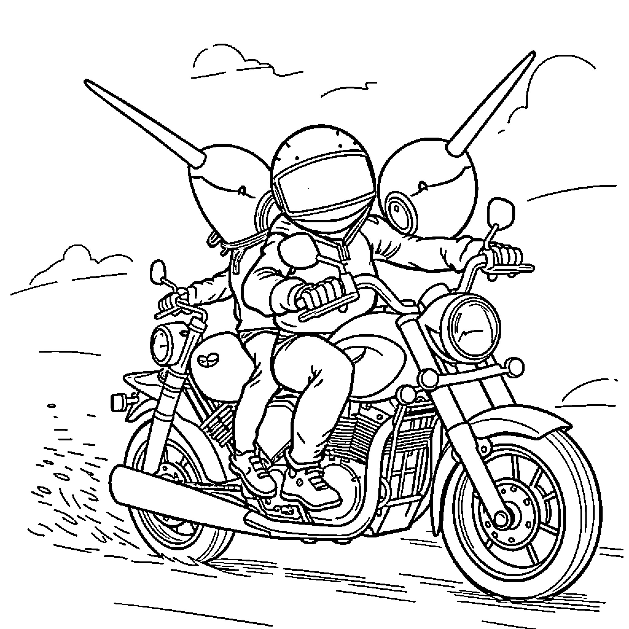 Narwhal riding a motorcycle on the open road Coloring Page (free black-and-white line drawing printable PDF for all, from beginners to advanced learners, including children, teens, adults, and seniors)