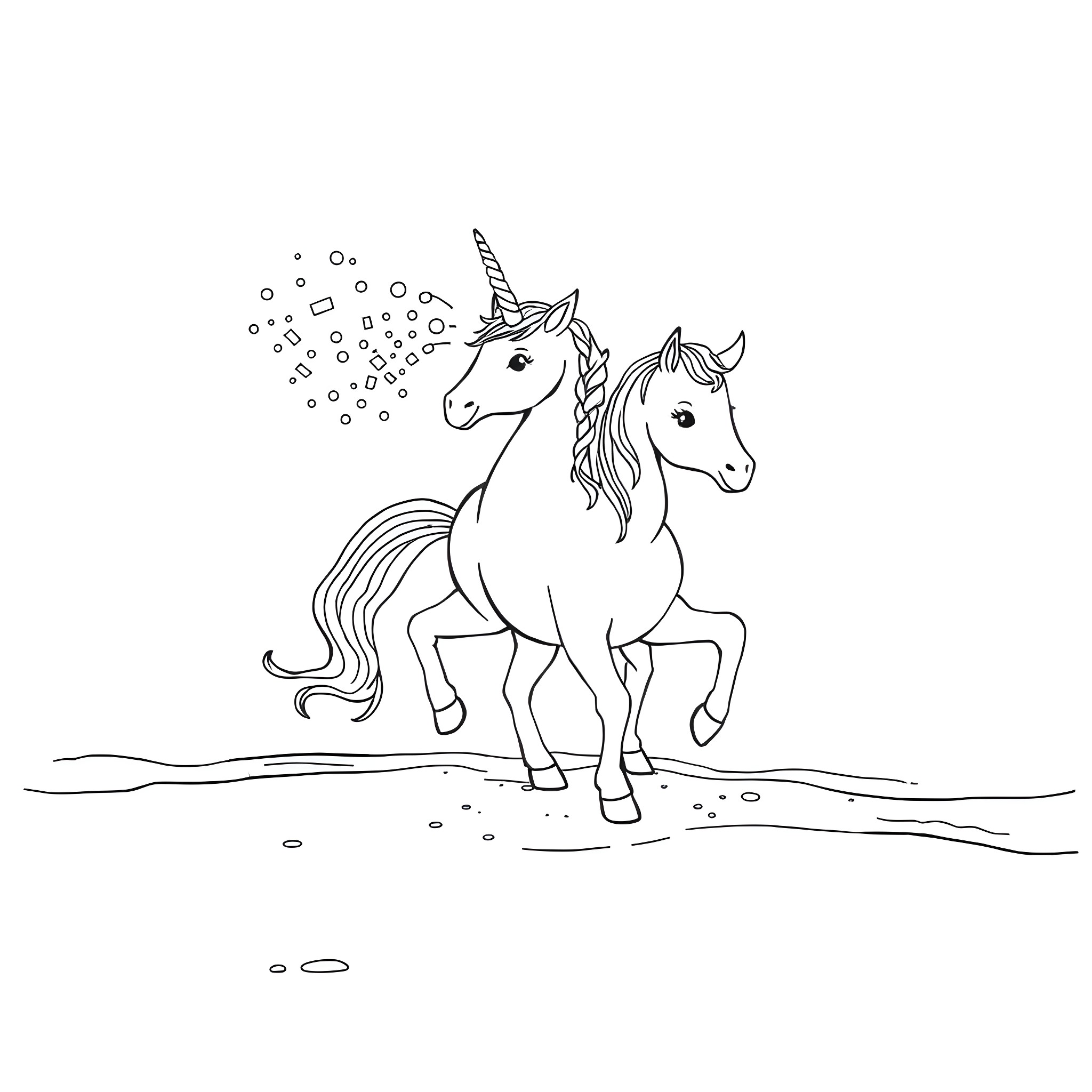 Unicorn galloping through a magical landscape Coloring Page (free black-and-white line drawing printable PDF for all, from beginners to advanced learners, including children, teens, adults, and seniors)