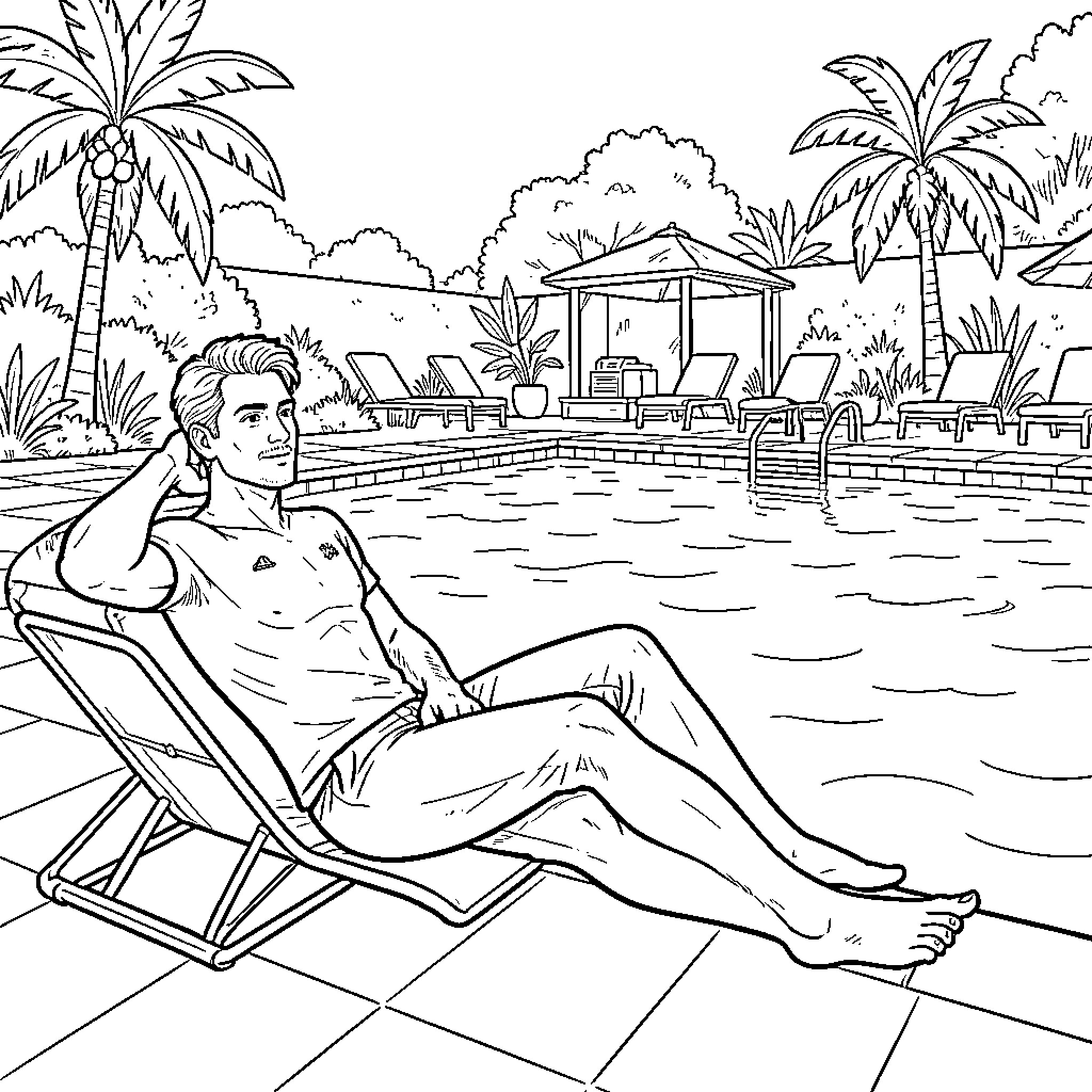 Marc Marquez relaxing on a poolside lounge chair Coloring Page (free black-and-white line drawing printable PDF for all, from beginners to advanced learners, including children, teens, adults, and seniors)