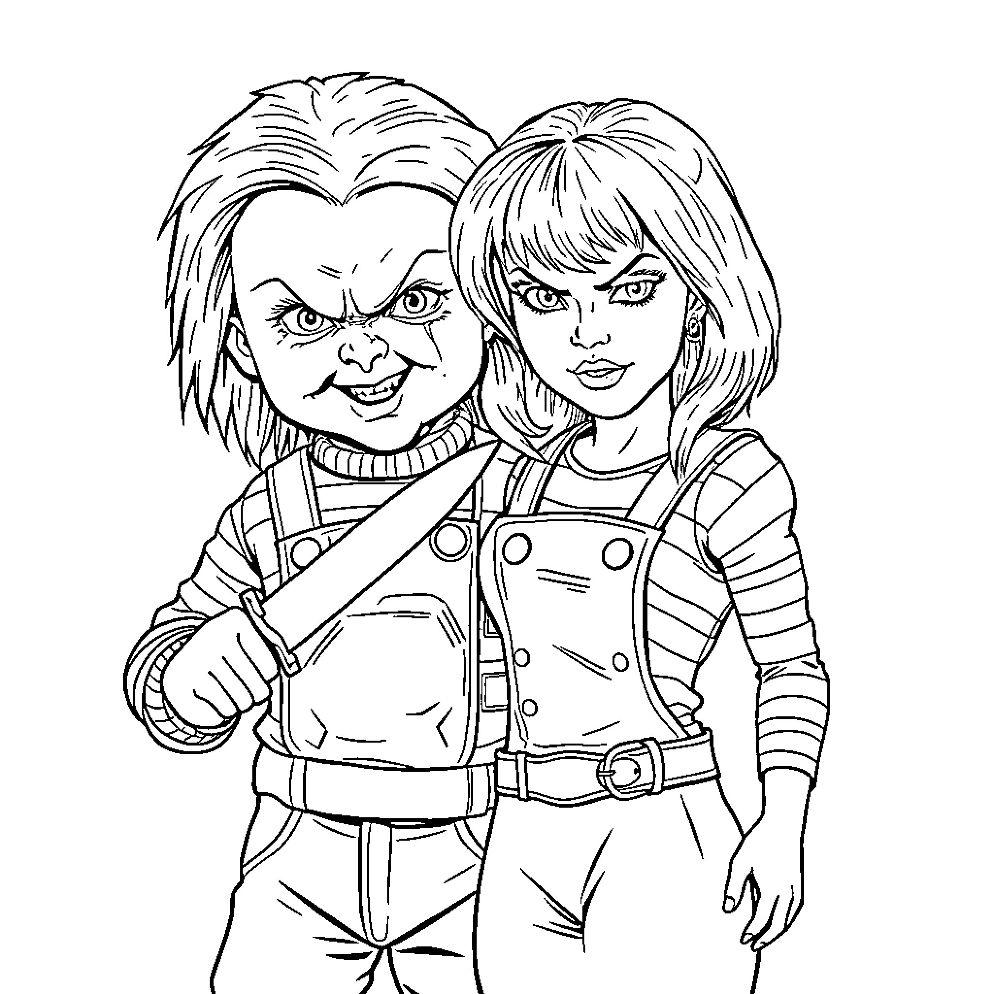 Chucky and Tiffany in menacing poses Coloring Page (free black-and-white line drawing printable PDF for all, from beginners to advanced learners, including children, teens, adults, and seniors)