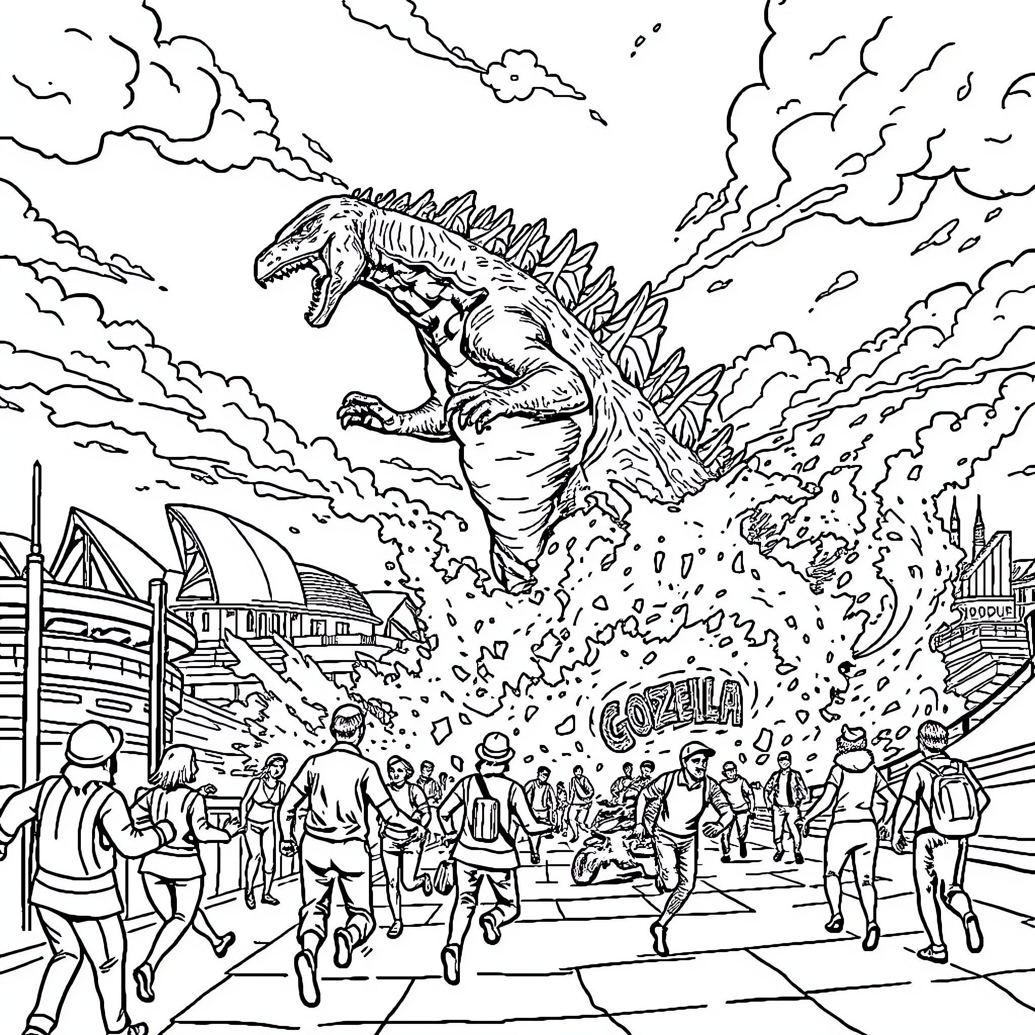 Godzilla wreaking havoc in the city Coloring Page (free black-and-white line drawing printable PDF for all, from beginners to advanced learners, including children, teens, adults, and seniors)