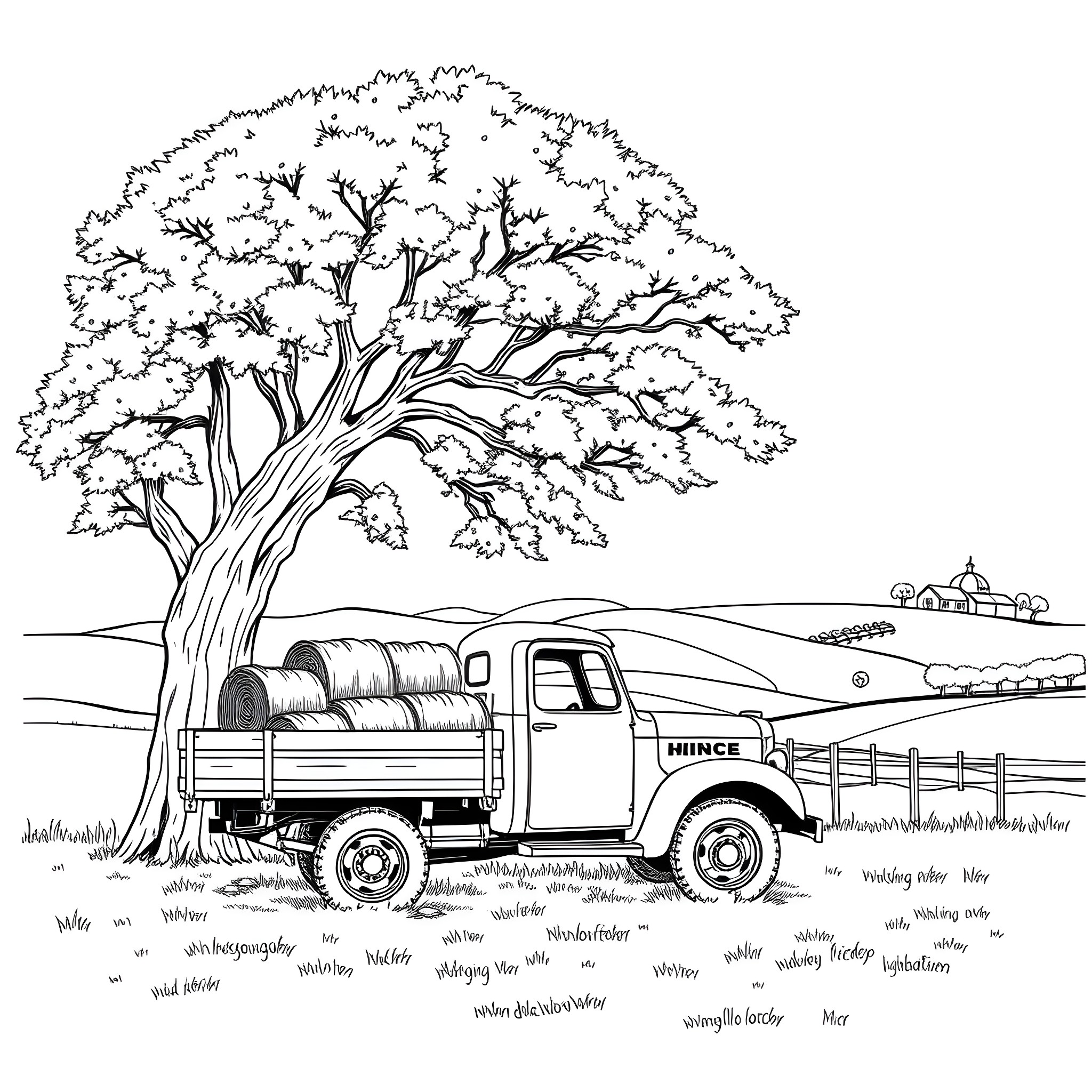 Hay Truck Transporting Bales in the Countryside Coloring Page (free black-and-white line drawing printable PDF for all, from beginners to advanced learners, including children, teens, adults, and seniors)