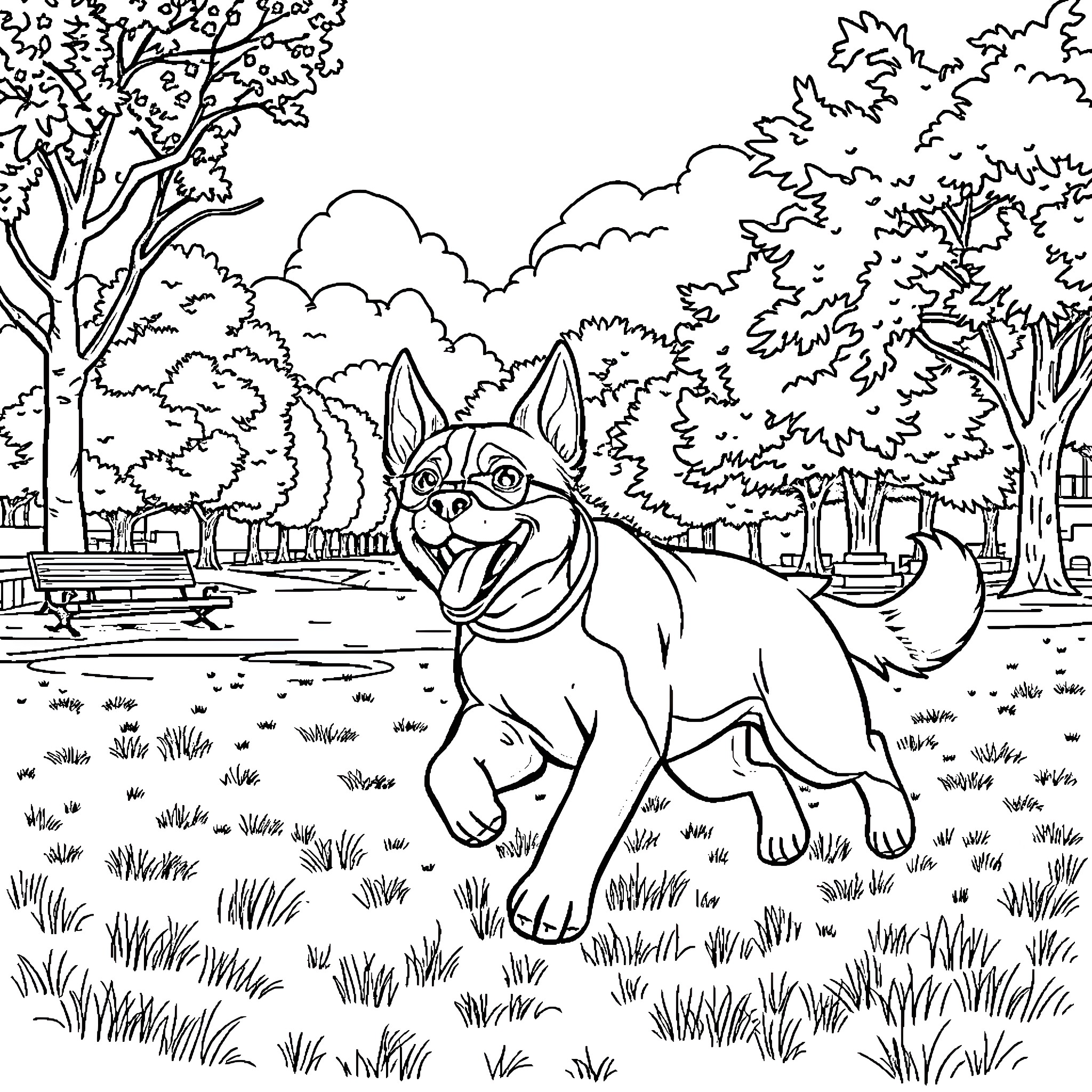 Dog exploring a vibrant park scene Coloring Page (free black-and-white line drawing printable PDF for all, from beginners to advanced learners, including children, teens, adults, and seniors)