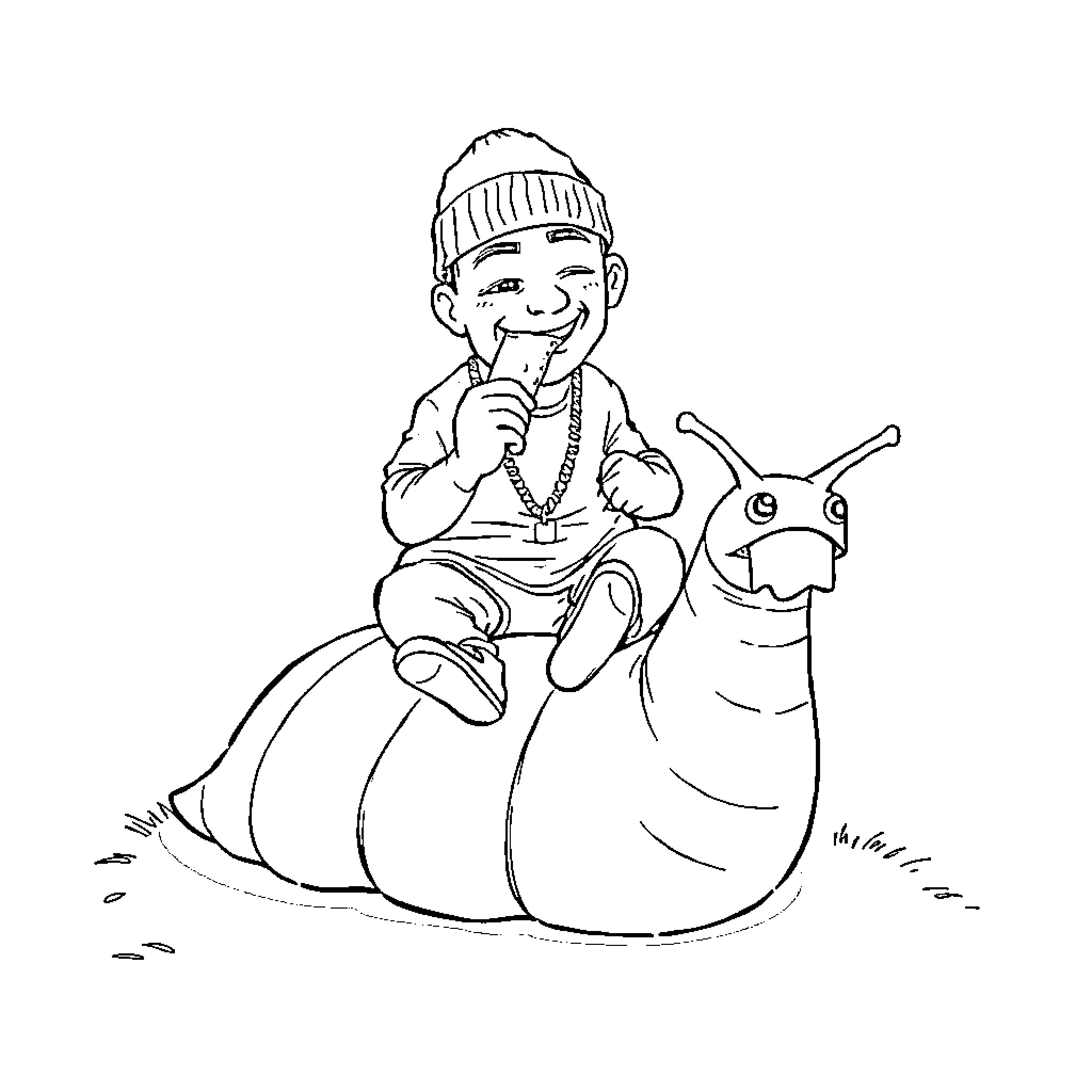 Eminem relaxing on a snail companion Coloring Page (free black-and-white line drawing printable PDF for all, from beginners to advanced learners, including children, teens, adults, and seniors)