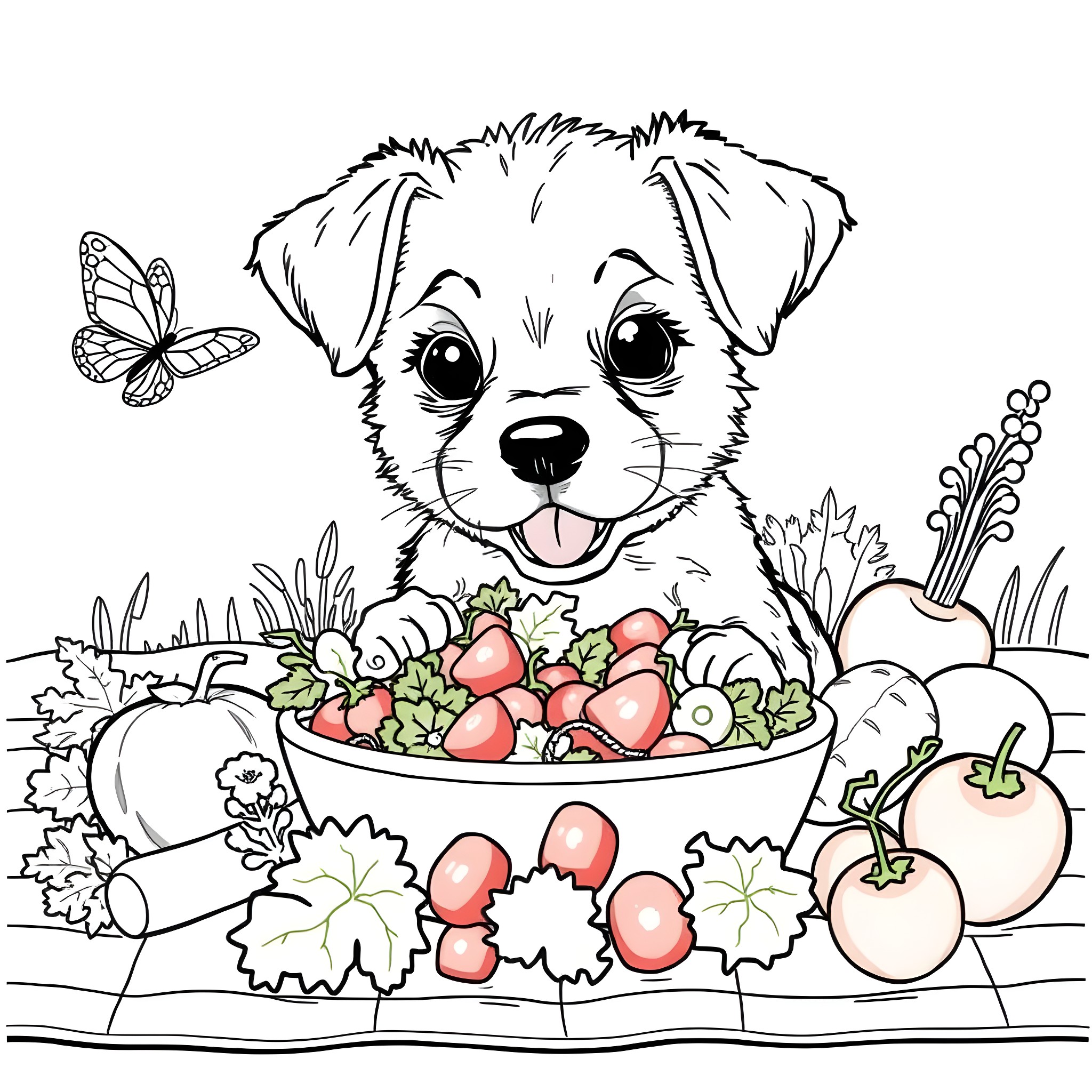 Puppy enjoying a bowl of fruits and vegetables Coloring Page (free black-and-white line drawing printable PDF for all, from beginners to advanced learners, including children, teens, adults, and seniors)