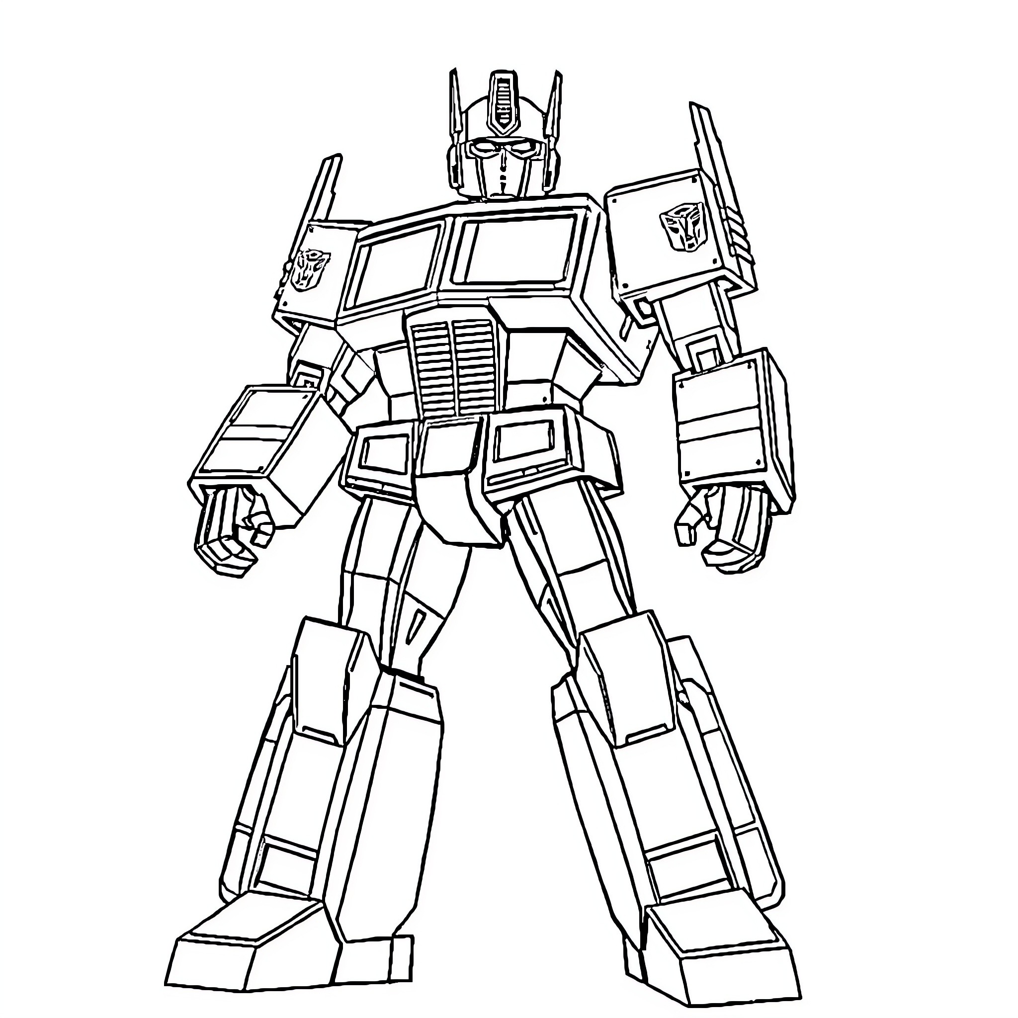 Optimus Prime in heroic robot stance Coloring Page (free black-and-white line drawing printable PDF for all, from beginners to advanced learners, including children, teens, adults, and seniors)