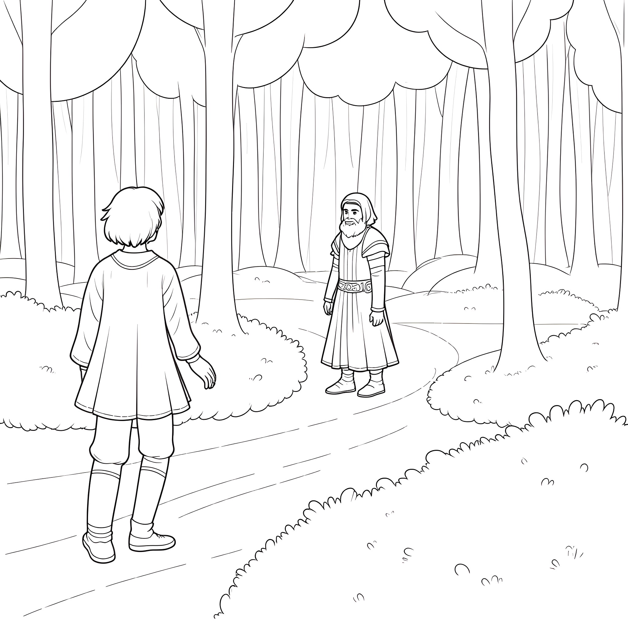 Frodo and Gandalf walk through the forest Coloring Page (free black-and-white line drawing printable PDF for all, from beginners to advanced learners, including children, teens, adults, and seniors)