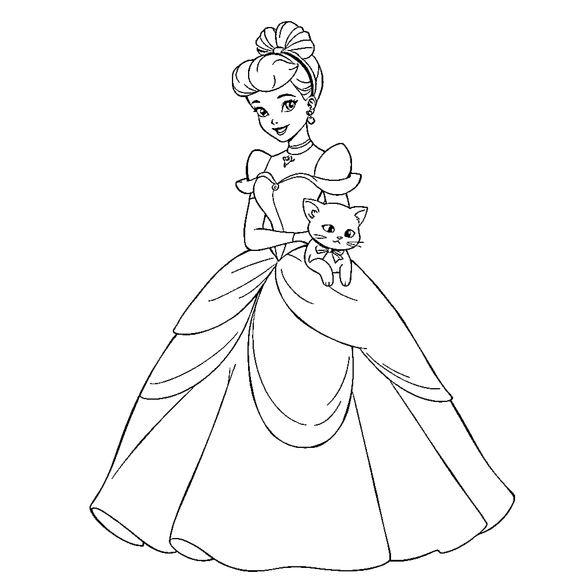 Cinderella and her Feline Companion Coloring Page (free black-and-white line drawing printable PDF for all, from beginners to advanced learners, including children, teens, adults, and seniors)
