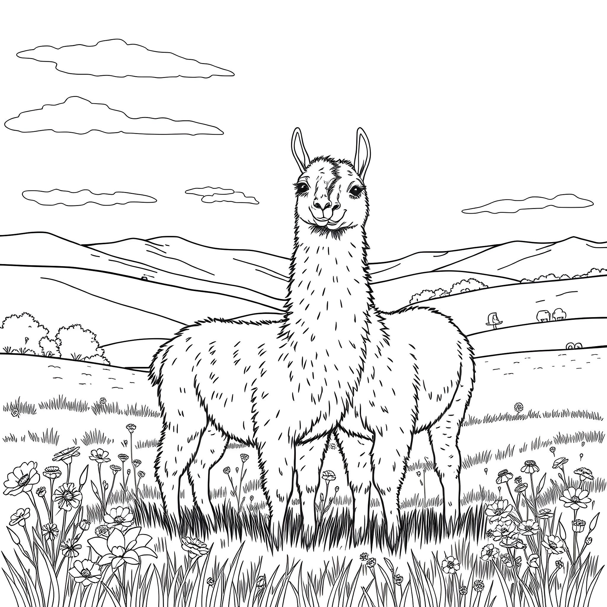 Llama enjoying the scenic landscape Coloring Page (free black-and-white line drawing printable PDF for all, from beginners to advanced learners, including children, teens, adults, and seniors)