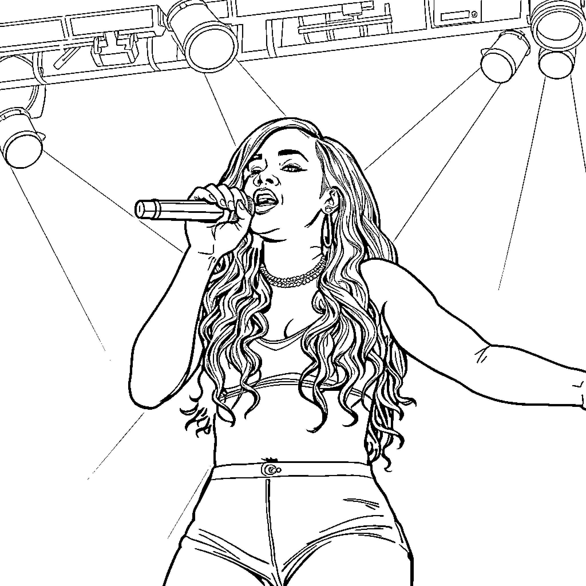 Rihanna Performing Energetically on Stage Coloring Page (free black-and-white line drawing printable PDF for all, from beginners to advanced learners, including children, teens, adults, and seniors)