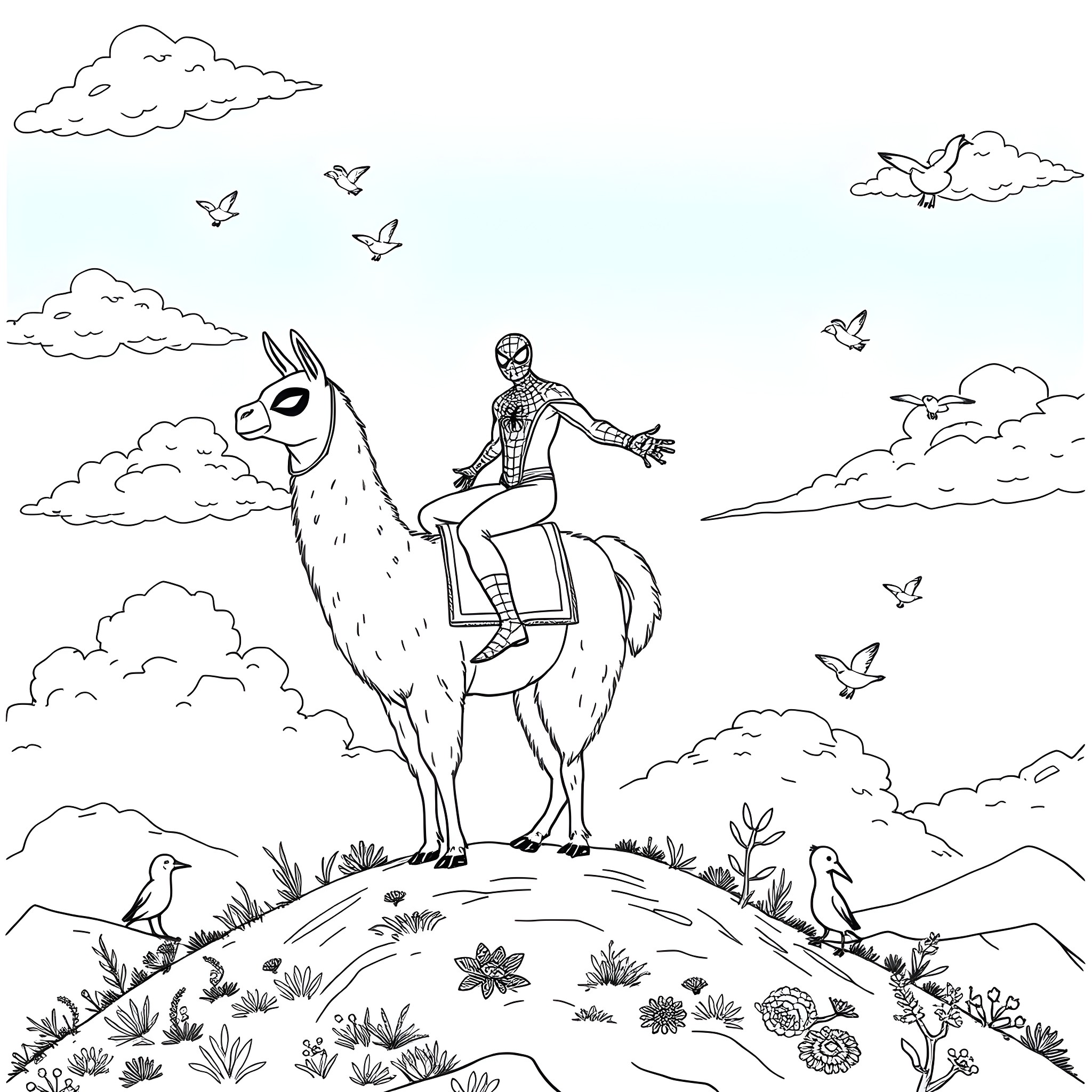 Spiderman riding a llama in a nature setting Coloring Page (free black-and-white line drawing printable PDF for all, from beginners to advanced learners, including children, teens, adults, and seniors)