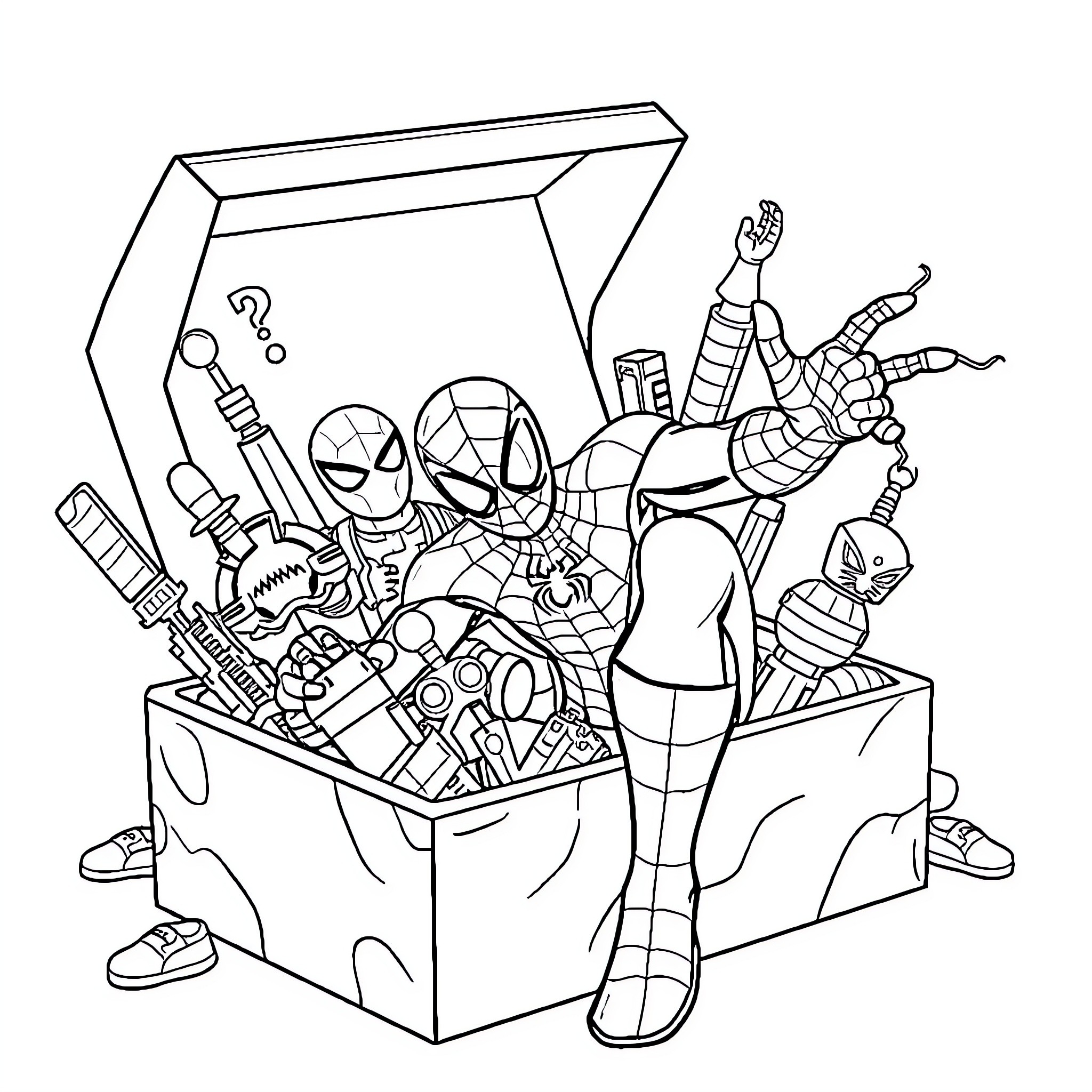 Spiderman's Chaotic Toy Chest Coloring Page (free black-and-white line drawing printable PDF for all, from beginners to advanced learners, including children, teens, adults, and seniors)
