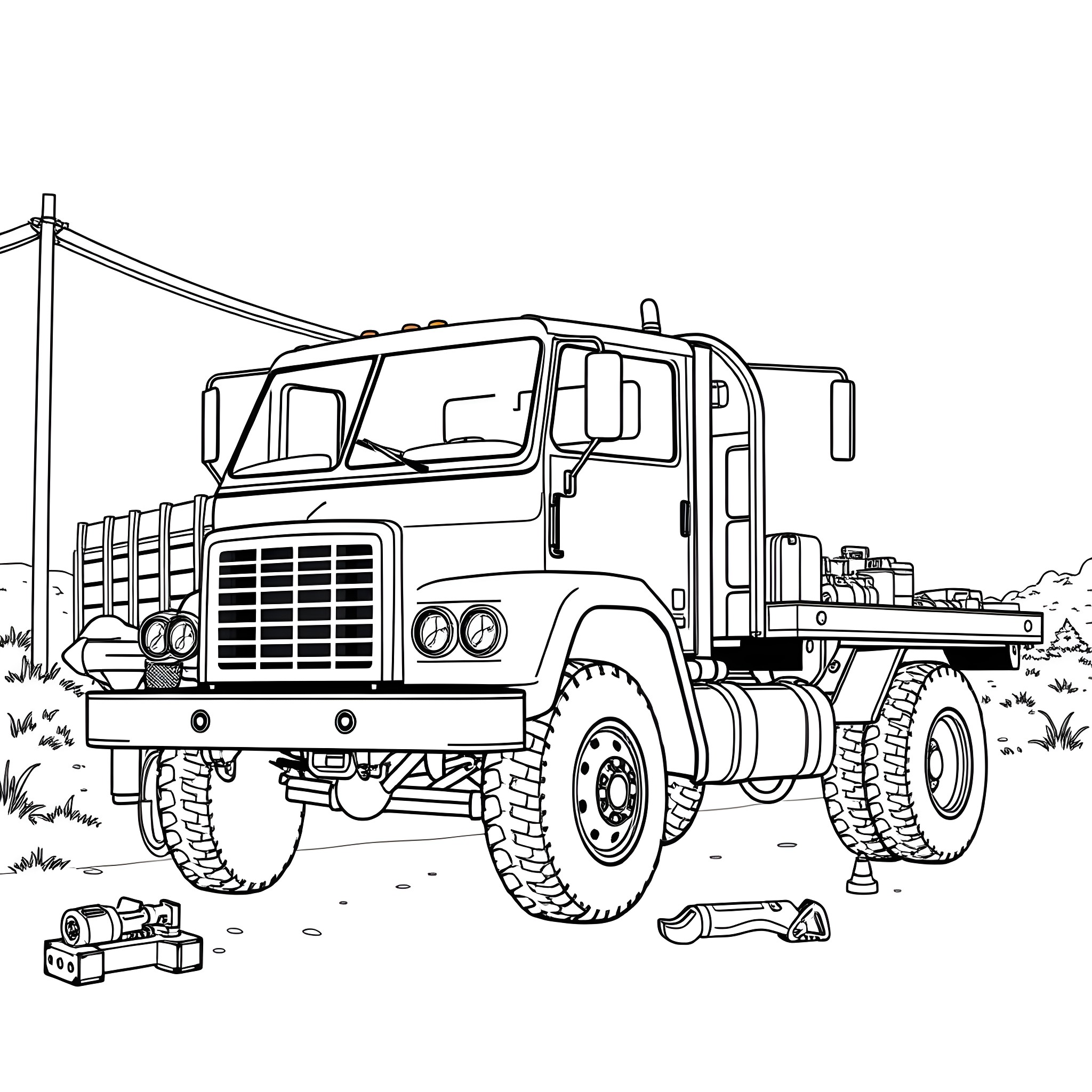 Flatbed truck carrying heavy equipment in the field Coloring Page (free black-and-white line drawing printable PDF for all, from beginners to advanced learners, including children, teens, adults, and seniors)