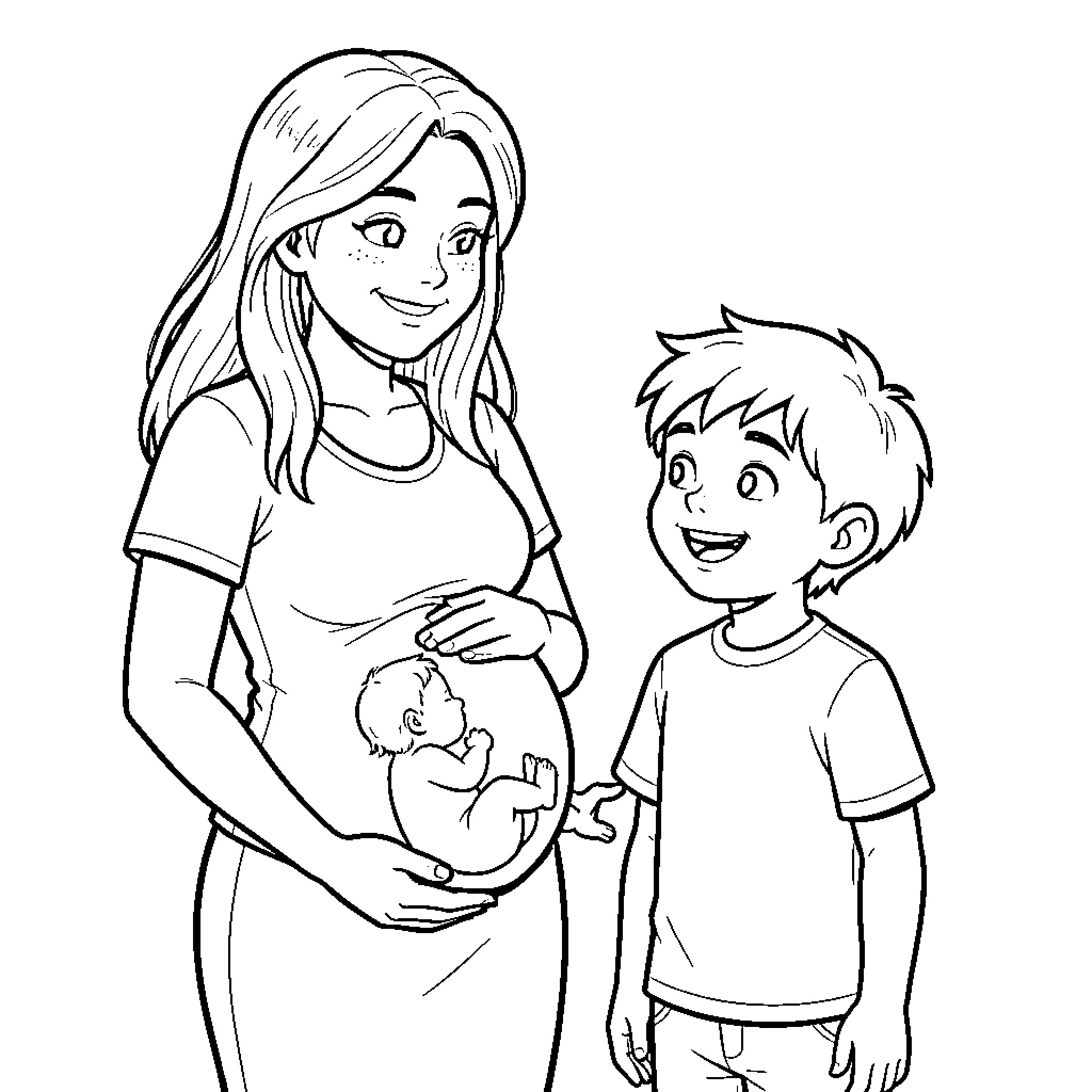 Woman and young boy anticipating a new arrival Coloring Page (free black-and-white line drawing printable PDF for all, from beginners to advanced learners, including children, teens, adults, and seniors)