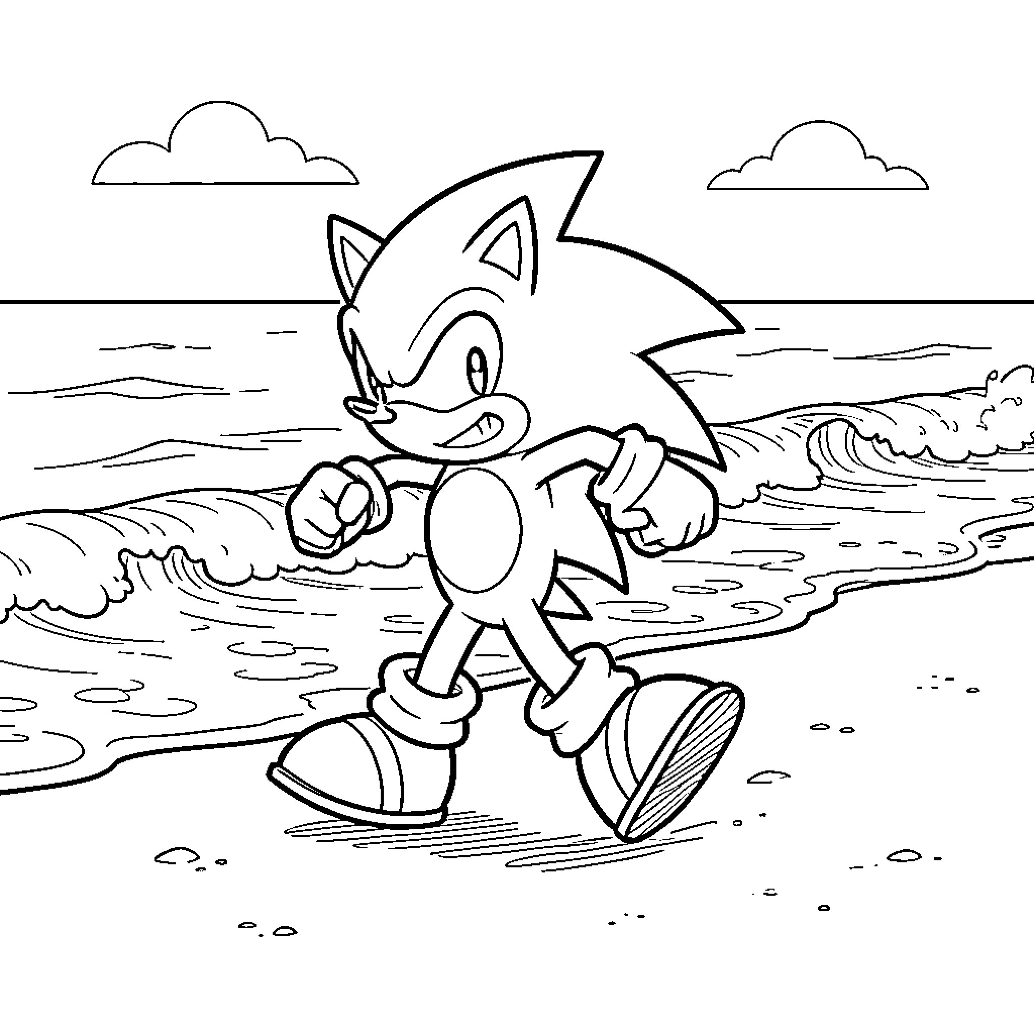 Sonic walking confidently along a sandy beach Coloring Page (free black-and-white line drawing printable PDF for all, from beginners to advanced learners, including children, teens, adults, and seniors)