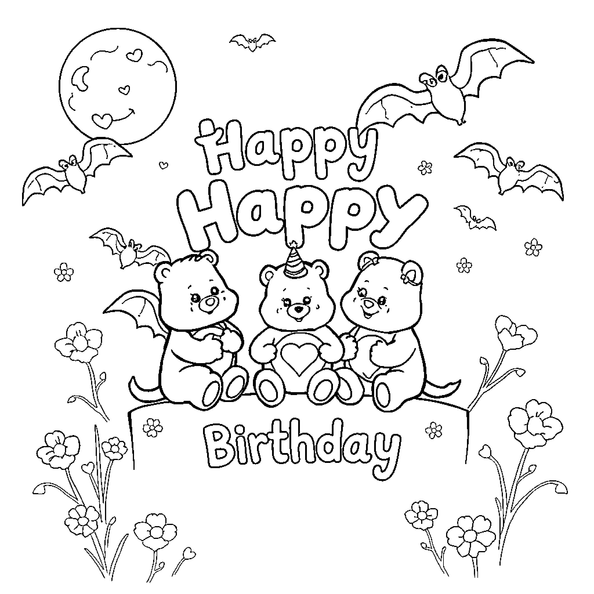 Birthday Card with Cute Bears and Bats Coloring Page (free black-and-white line drawing printable PDF for all, from beginners to advanced learners, including children, teens, adults, and seniors)