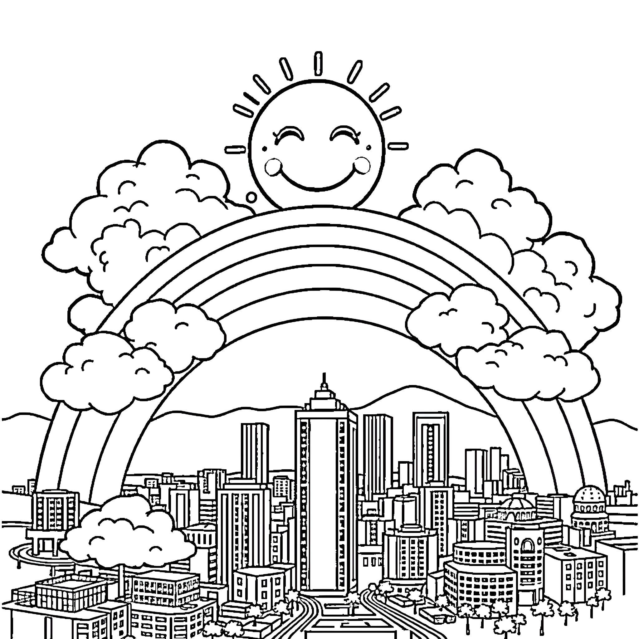 Face of a Smiling Sun over a Skyline with Rainbow Coloring Page (free black-and-white line drawing printable PDF for all, from beginners to advanced learners, including children, teens, adults, and seniors)