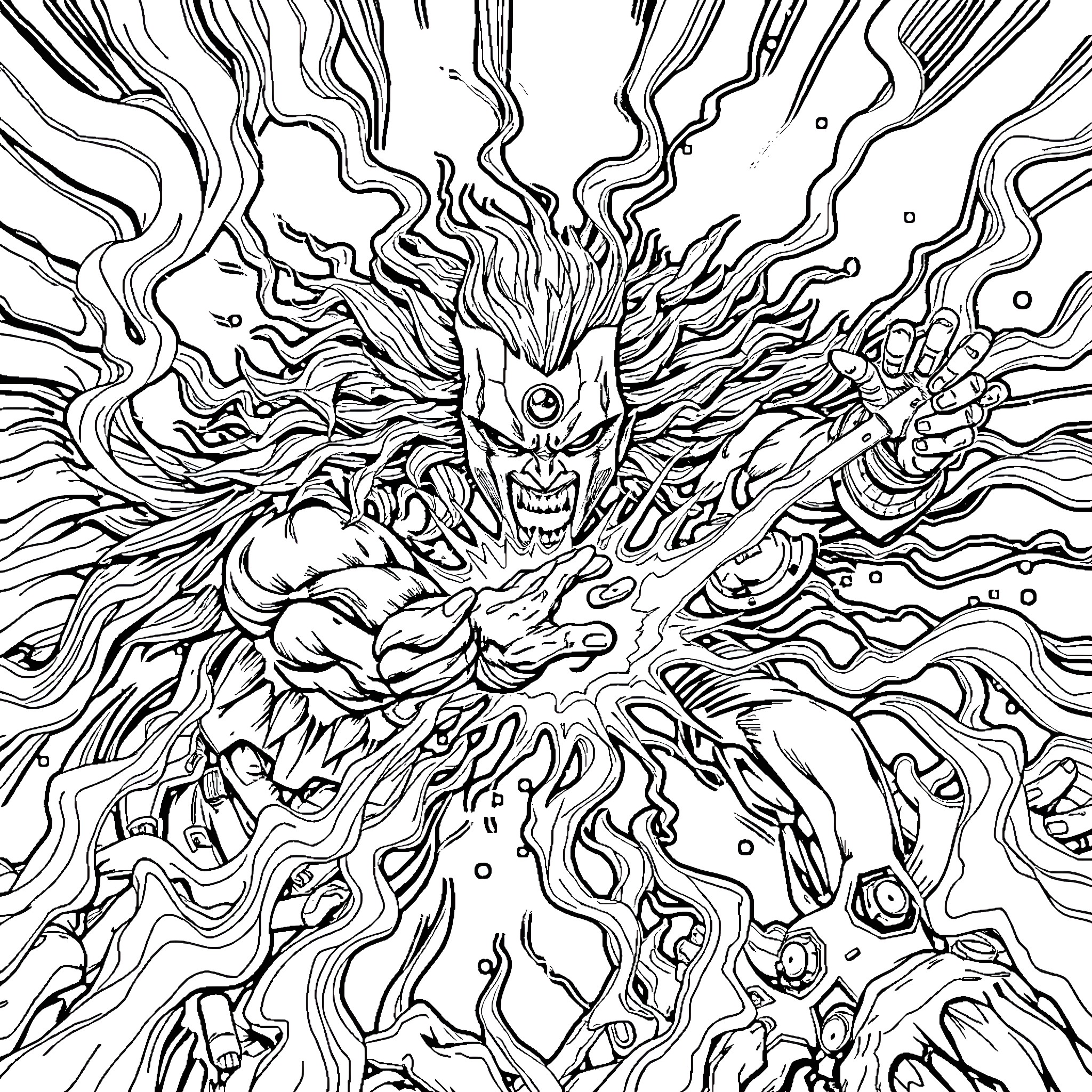Force of Intense Chaotic Energy Coloring Page (free black-and-white line drawing printable PDF for all, from beginners to advanced learners, including children, teens, adults, and seniors)