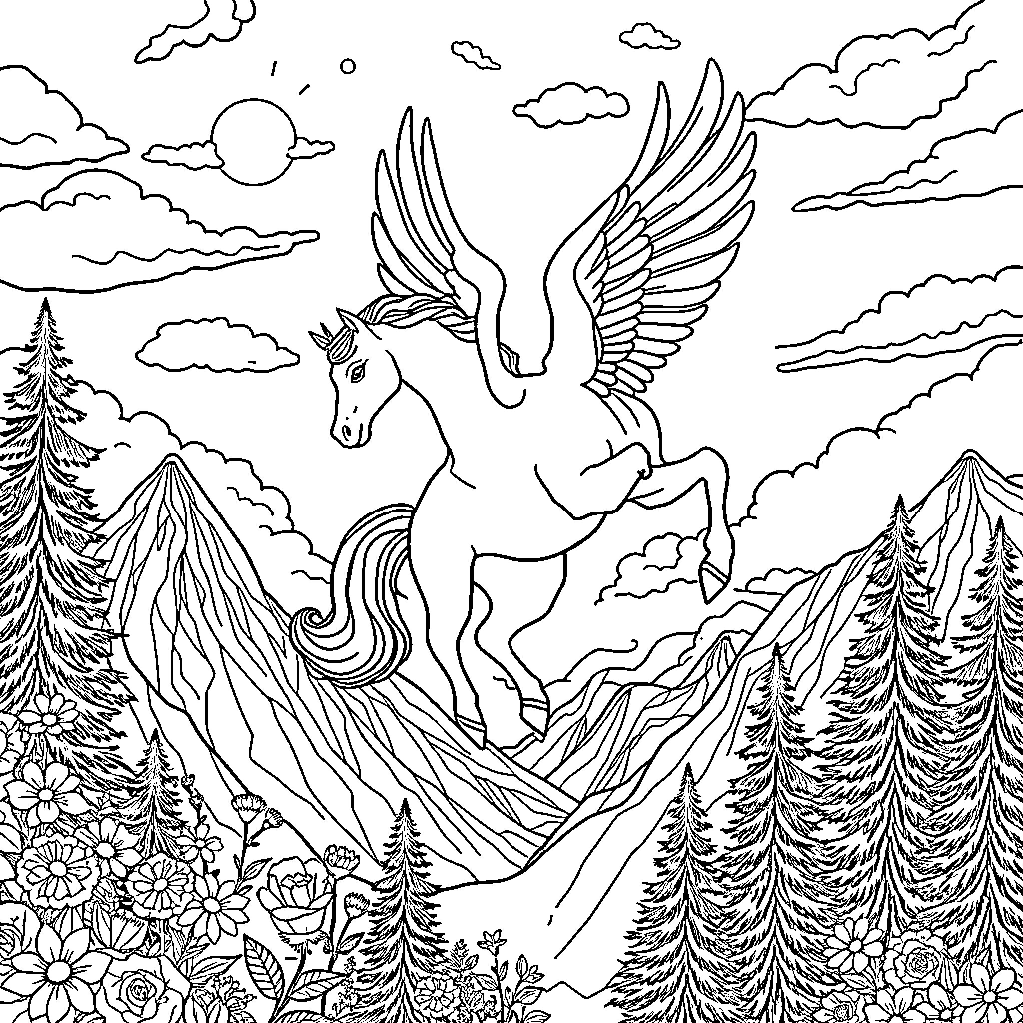 Pegasus soaring gracefully through the enchanted landscape Coloring Page (free black-and-white line drawing printable PDF for all, from beginners to advanced learners, including children, teens, adults, and seniors)