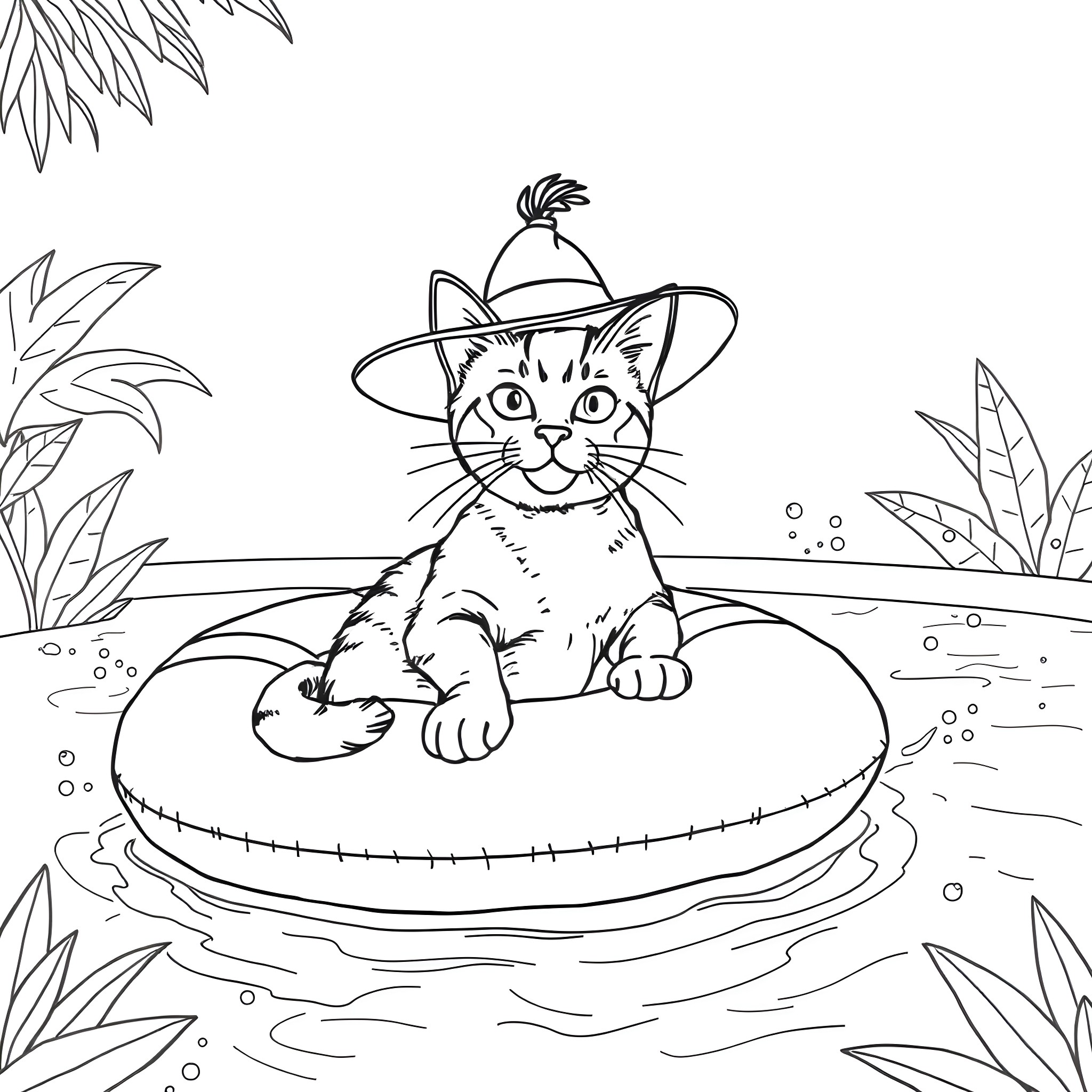 Cat relaxing on an inflatable pool float Coloring Page (free black-and-white line drawing printable PDF for all, from beginners to advanced learners, including children, teens, adults, and seniors)