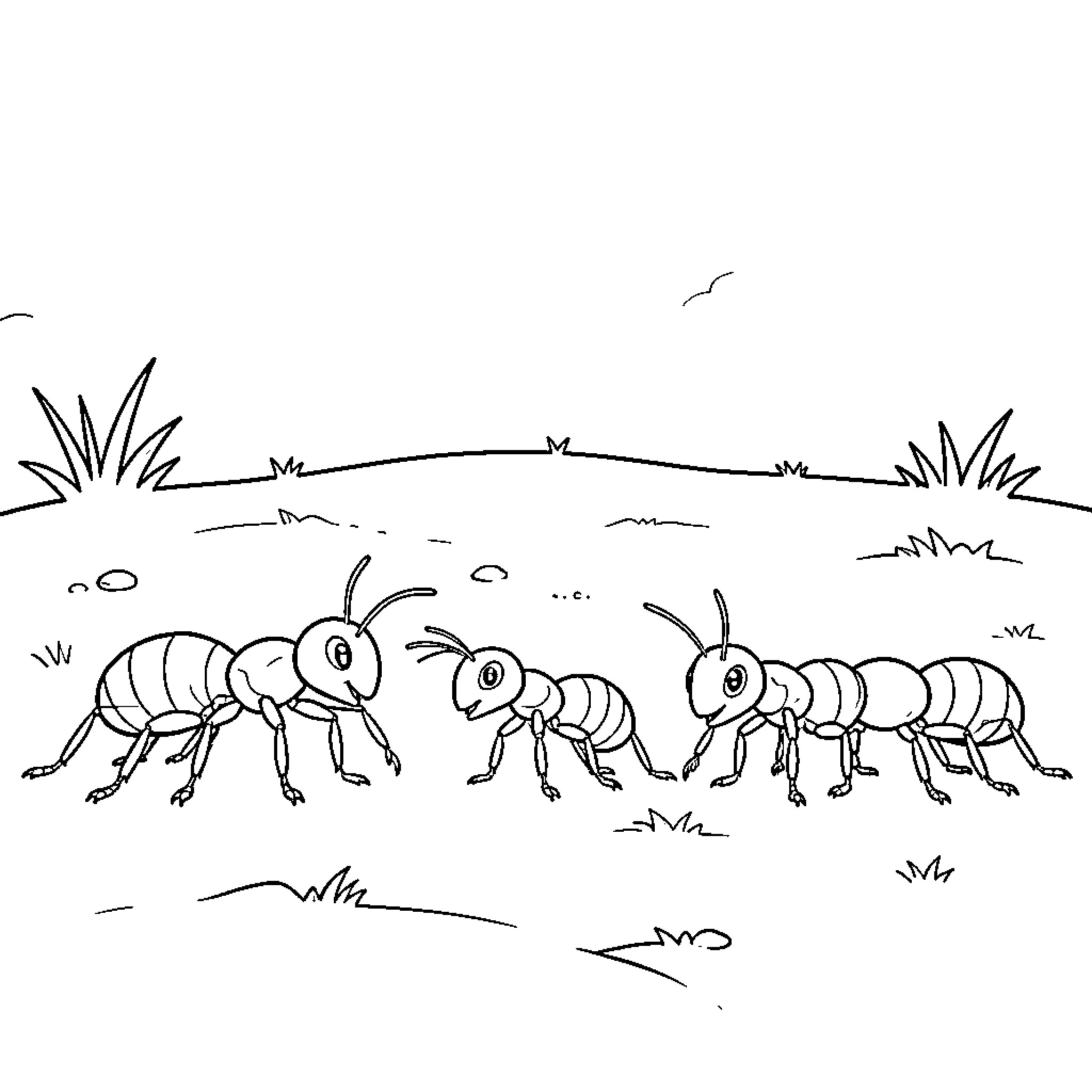 Ants walking together across a grassy landscape Coloring Page (free black-and-white line drawing printable PDF for all, from beginners to advanced learners, including children, teens, adults, and seniors)