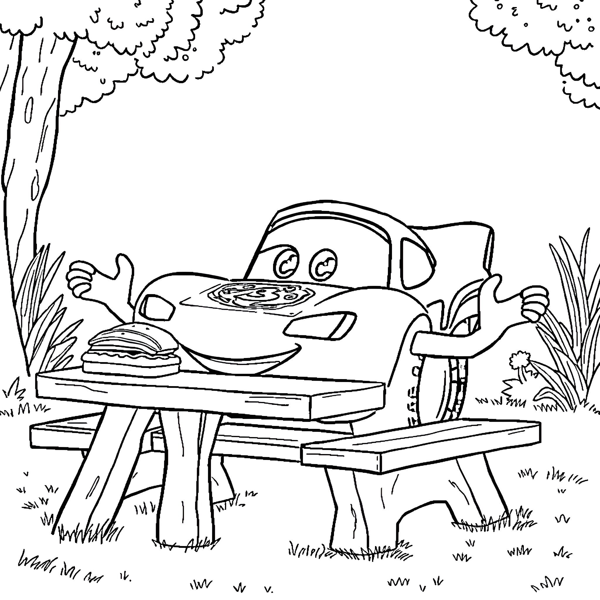 Lightning McQueen enjoying a picnic in the park Coloring Page (free black-and-white line drawing printable PDF for all, from beginners to advanced learners, including children, teens, adults, and seniors)