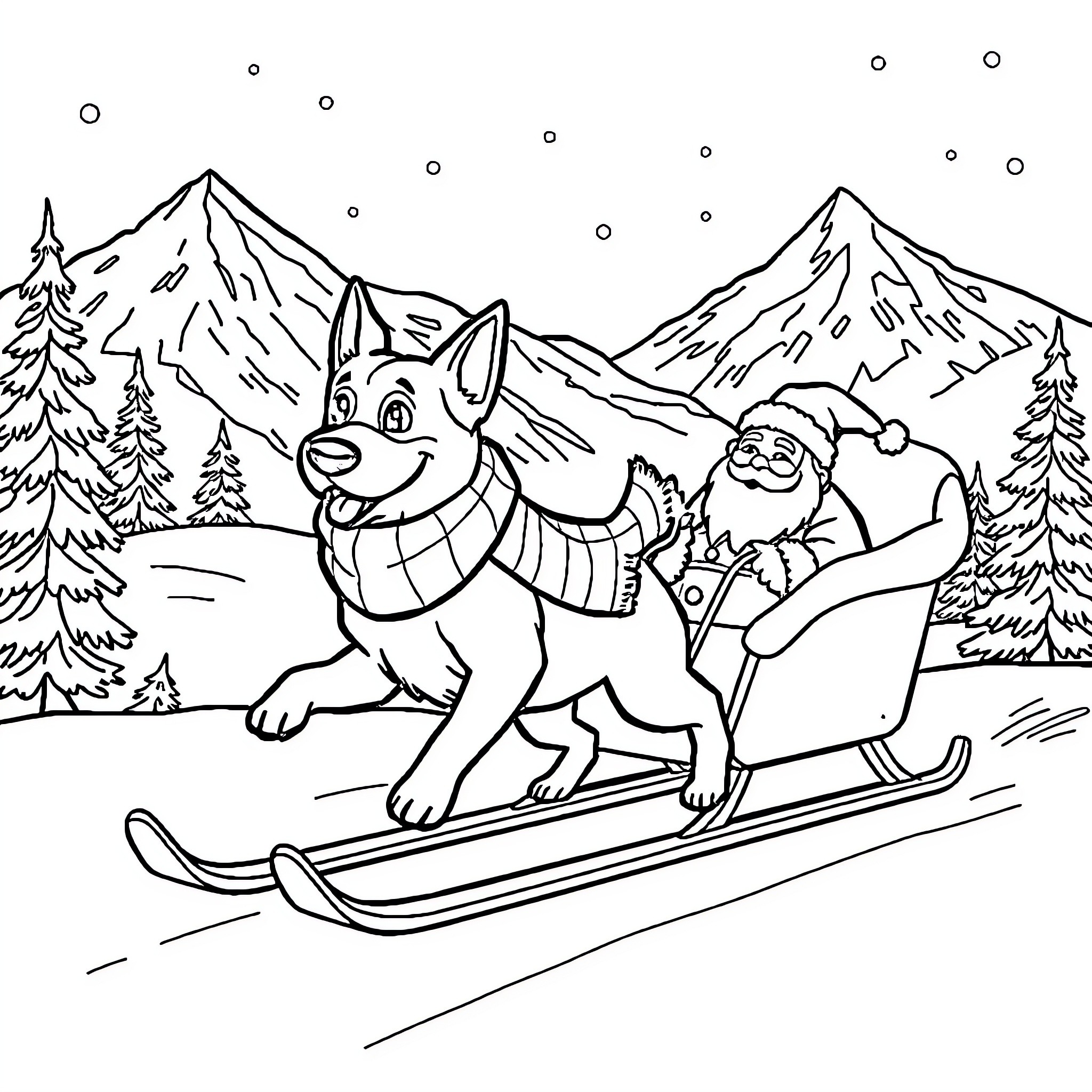 Dog sledding with Santa in the mountains Coloring Page (free black-and-white line drawing printable PDF for all, from beginners to advanced learners, including children, teens, adults, and seniors)