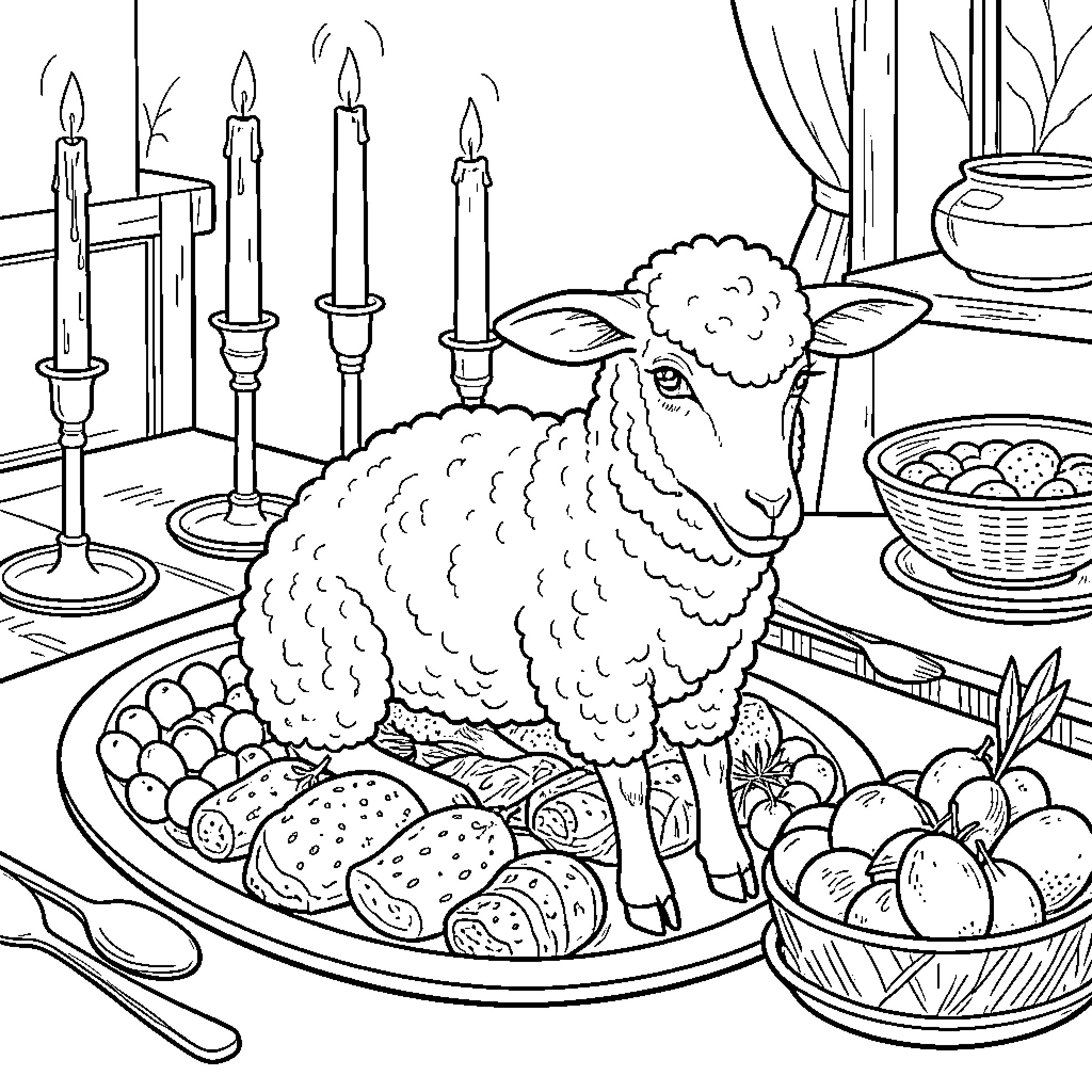Lamb standing amidst a festive banquet spread Coloring Page (free black-and-white line drawing printable PDF for all, from beginners to advanced learners, including children, teens, adults, and seniors)