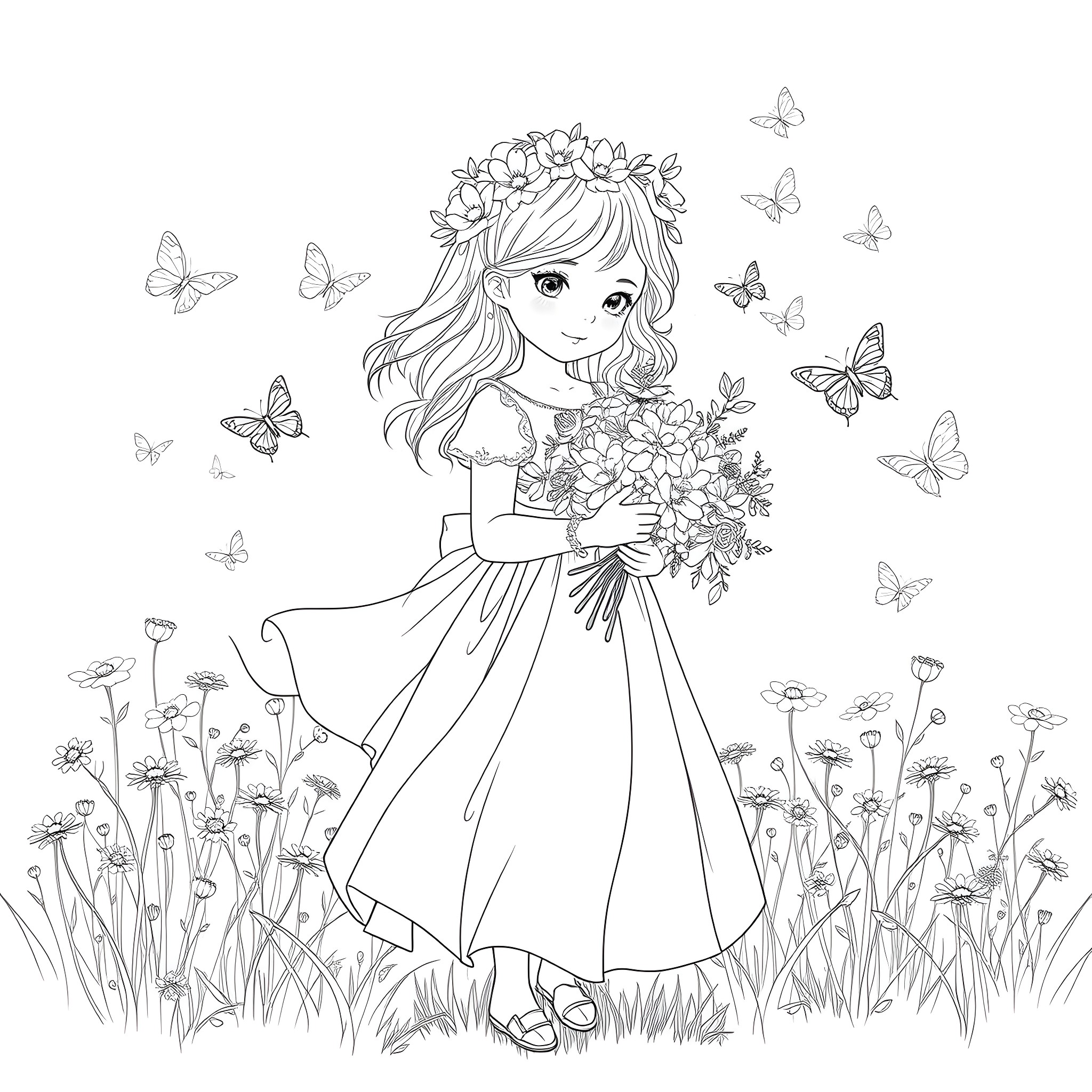 Flower Girl with Butterflies in the Meadow Coloring Page (free black-and-white line drawing printable PDF for all, from beginners to advanced learners, including children, teens, adults, and seniors)