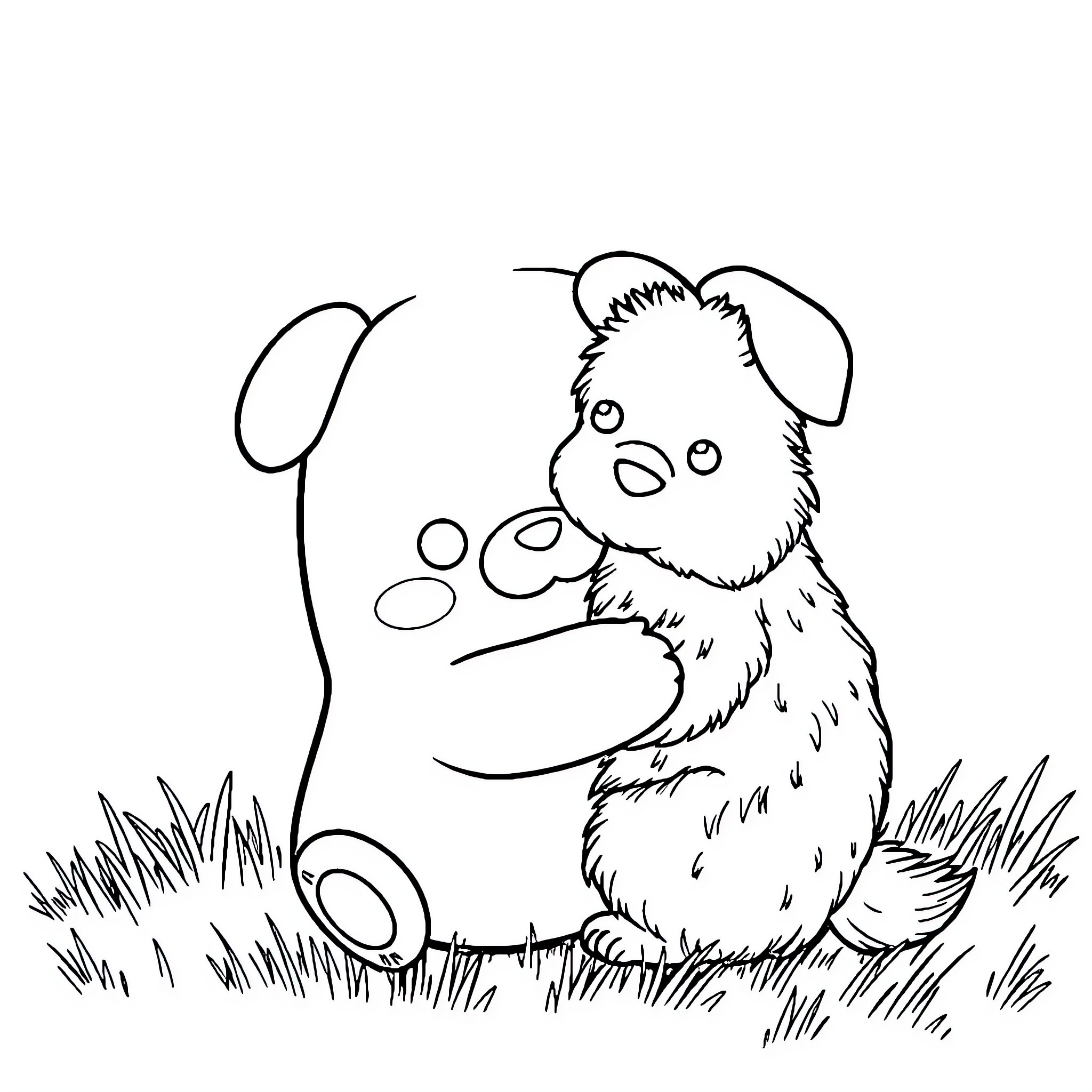 Squishmellow puppy playing in grassy field Coloring Page (free black-and-white line drawing printable PDF for all, from beginners to advanced learners, including children, teens, adults, and seniors)
