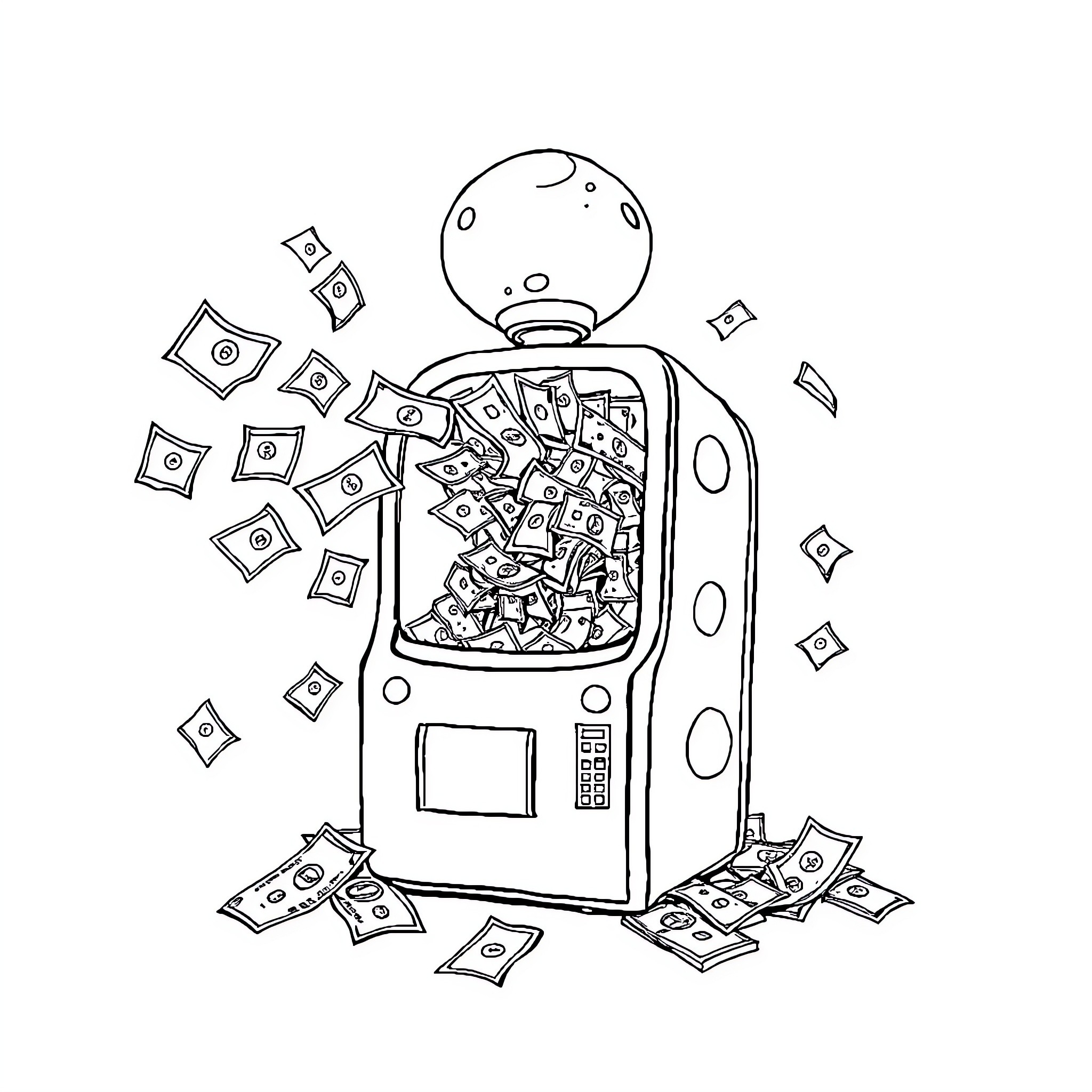 Money pouring out of a vending machine Coloring Page (free black-and-white line drawing printable PDF for all, from beginners to advanced learners, including children, teens, adults, and seniors)